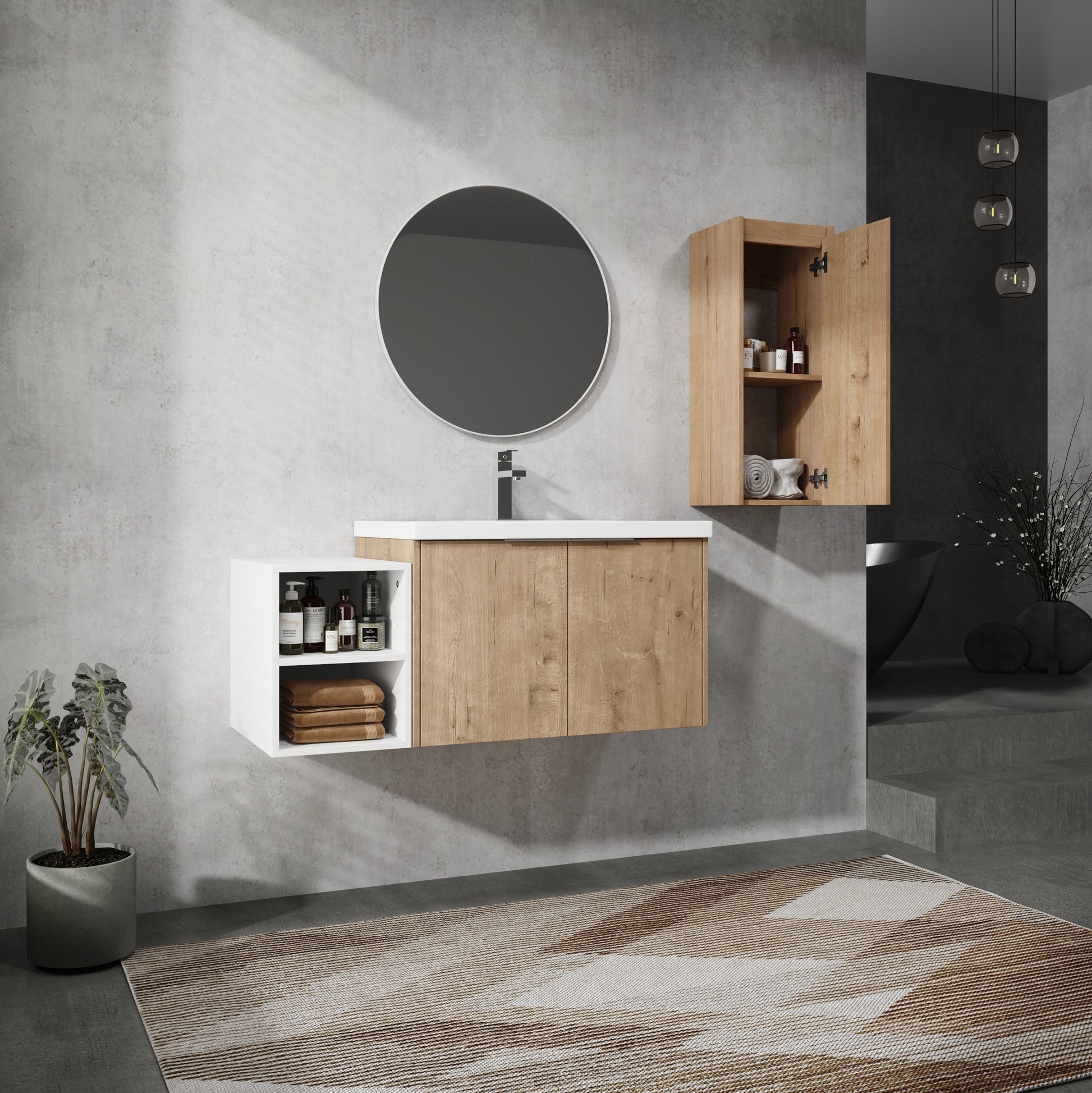 42" Wall Mounted Bathroom Vanity With Sink And Side Cabinet, Soft Close Doors,00112Imo 0630Imo 0612Gwh Combination Cabinet Kd Packing Imitative Oak Bathroom Modern Plywood Plywood