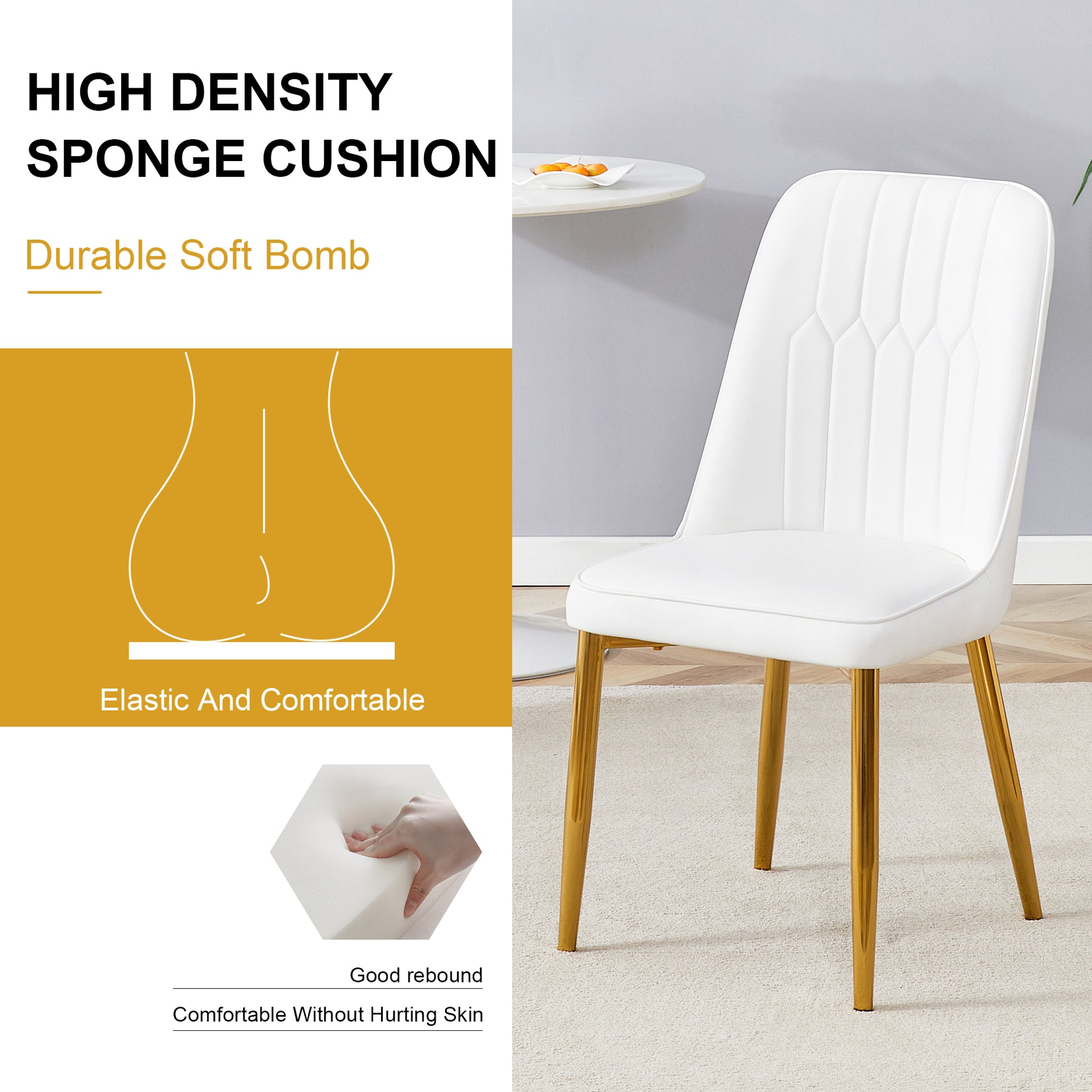 4 Modern Dining Chairs, Sleek Pu Leather Backrest, And Gold Metal Legs Bring A Comfortable Home Experience To The Kitchen, Bedroom, And Office. White Pu