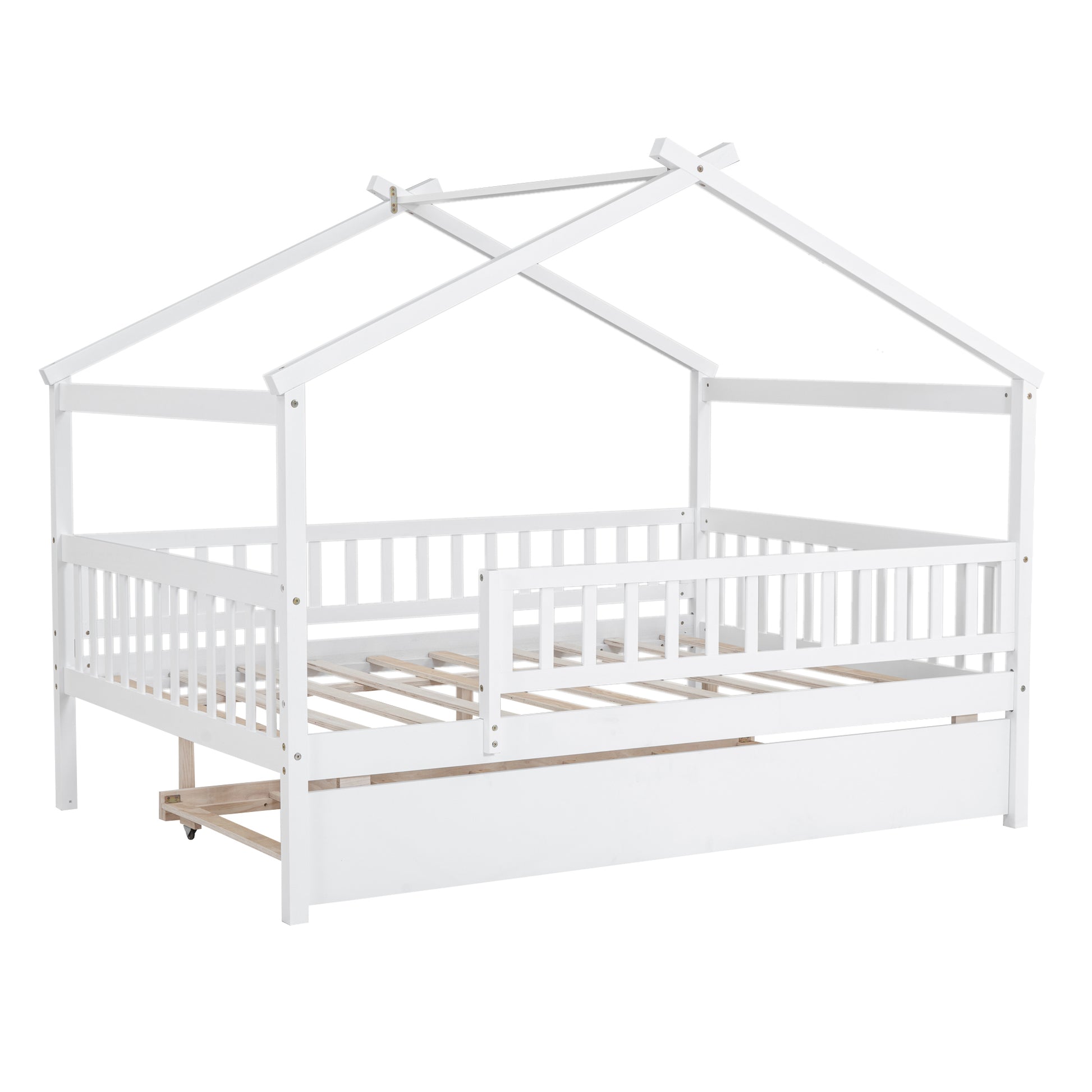 Full Size Wooden House Bed With Twin Size Trundle, White Full White Solid Wood Mdf