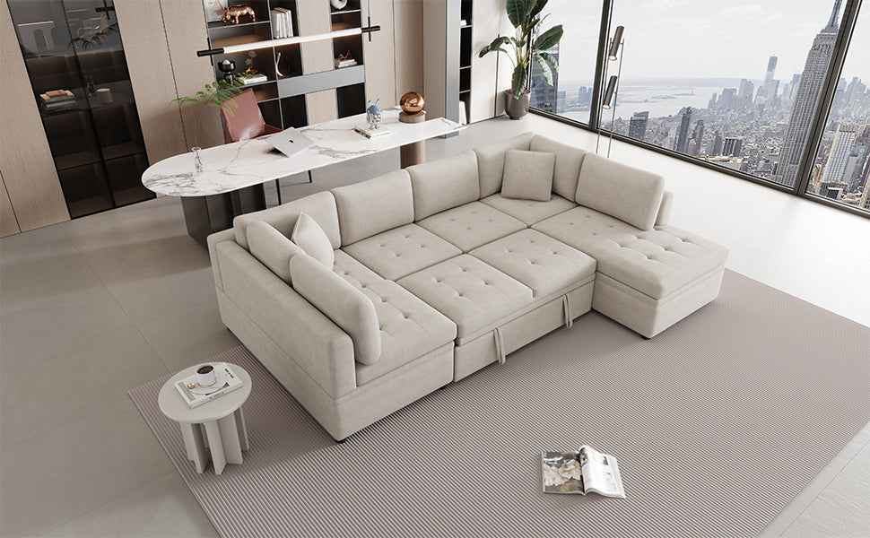 117.3" Oversized Sectional Sofa U Shaped Sofa Couch Pull Out Sofa Bed With Two Throw Pillows For Living Room, Beige Beige Foam Chenille 4 Seat