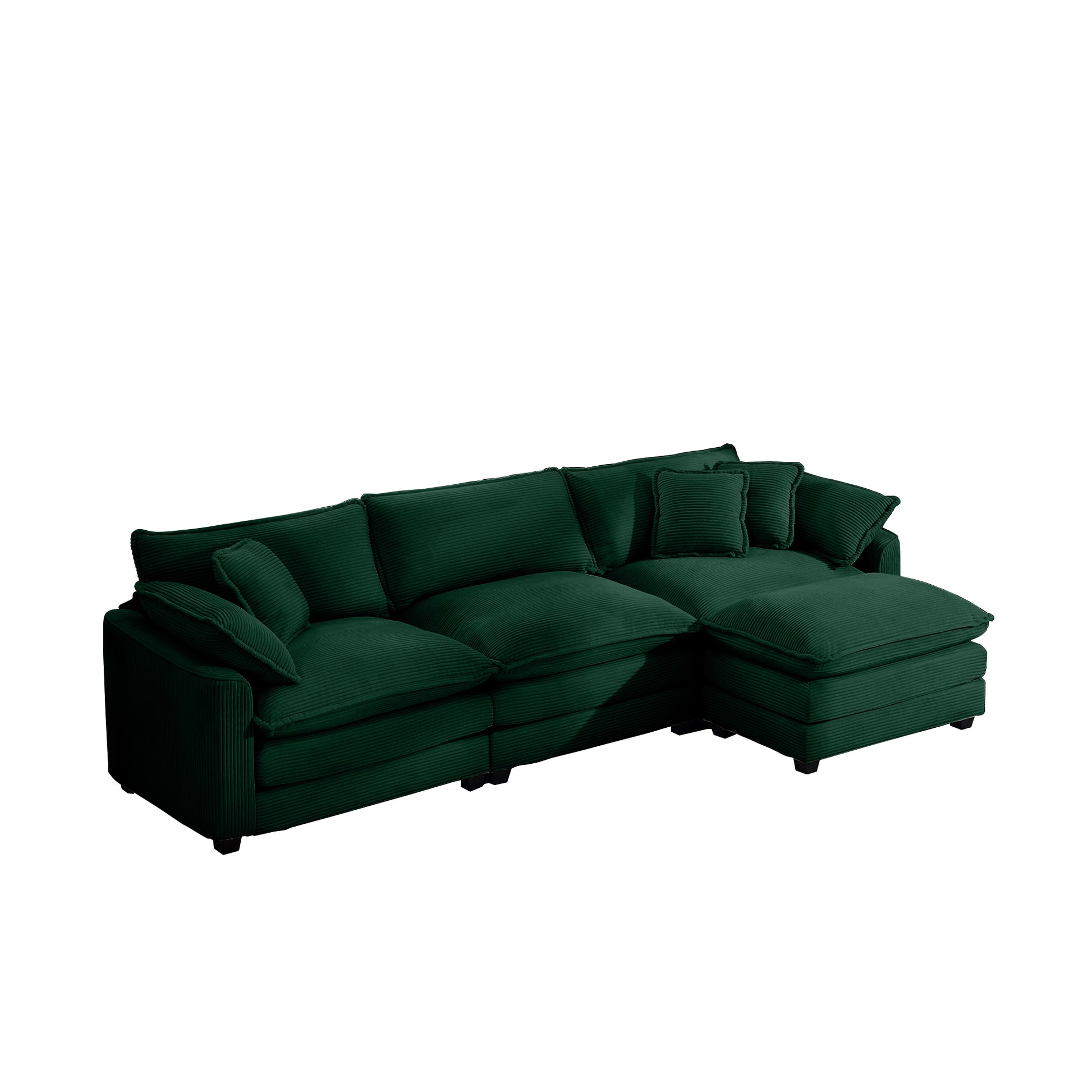 Corduroy 3 Seater Sofa With 1 Footrest, L Shaped Double Sofa With Ottoman For Small Living Rooms, Green Corduroy Sofa Green Corduroy 3 Seat