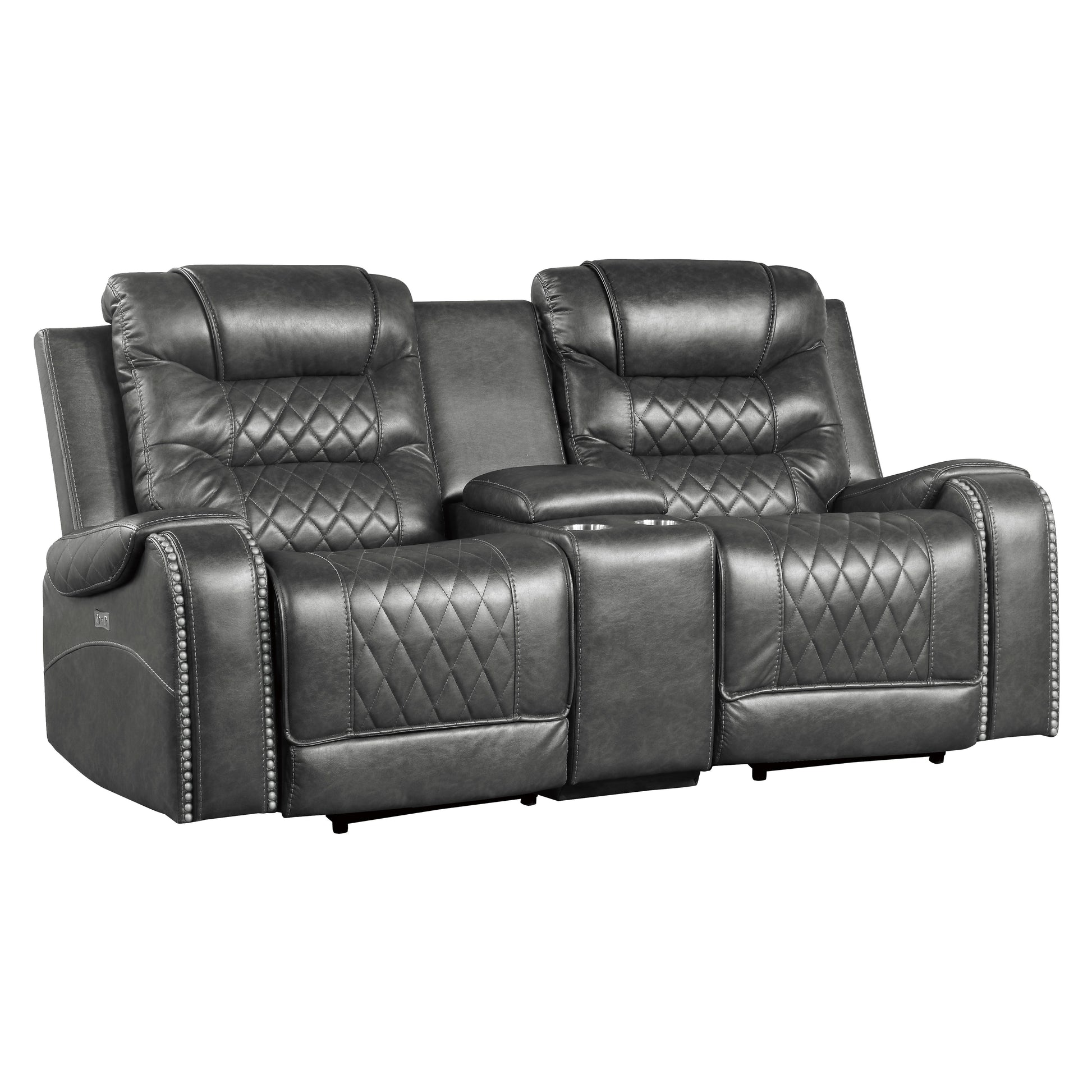 Luxurious Living Room Furniture 2Pc Power Reclining Sofa Set Grayfaux Leather Upholstery Center Drop Down Cup Holders, Power Outlets, Usb Ports, Diamond Pattern Stitching Gray Faux Leather Wood Primary Living Space Luxury,Modern Solid Wood 5 Seat