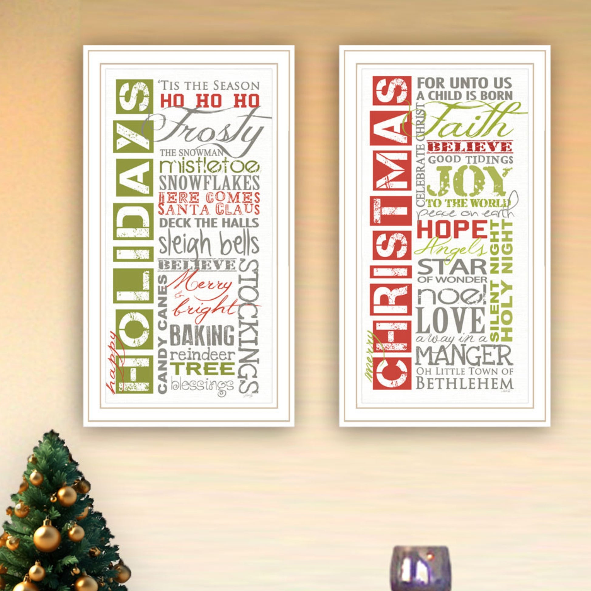 2 Piece Vignette Happy Holidays White Framed Wall Art For Living Room, Bedroom Wall Art Print For Home Decor By Marla Rae Multicolor Wood Paper