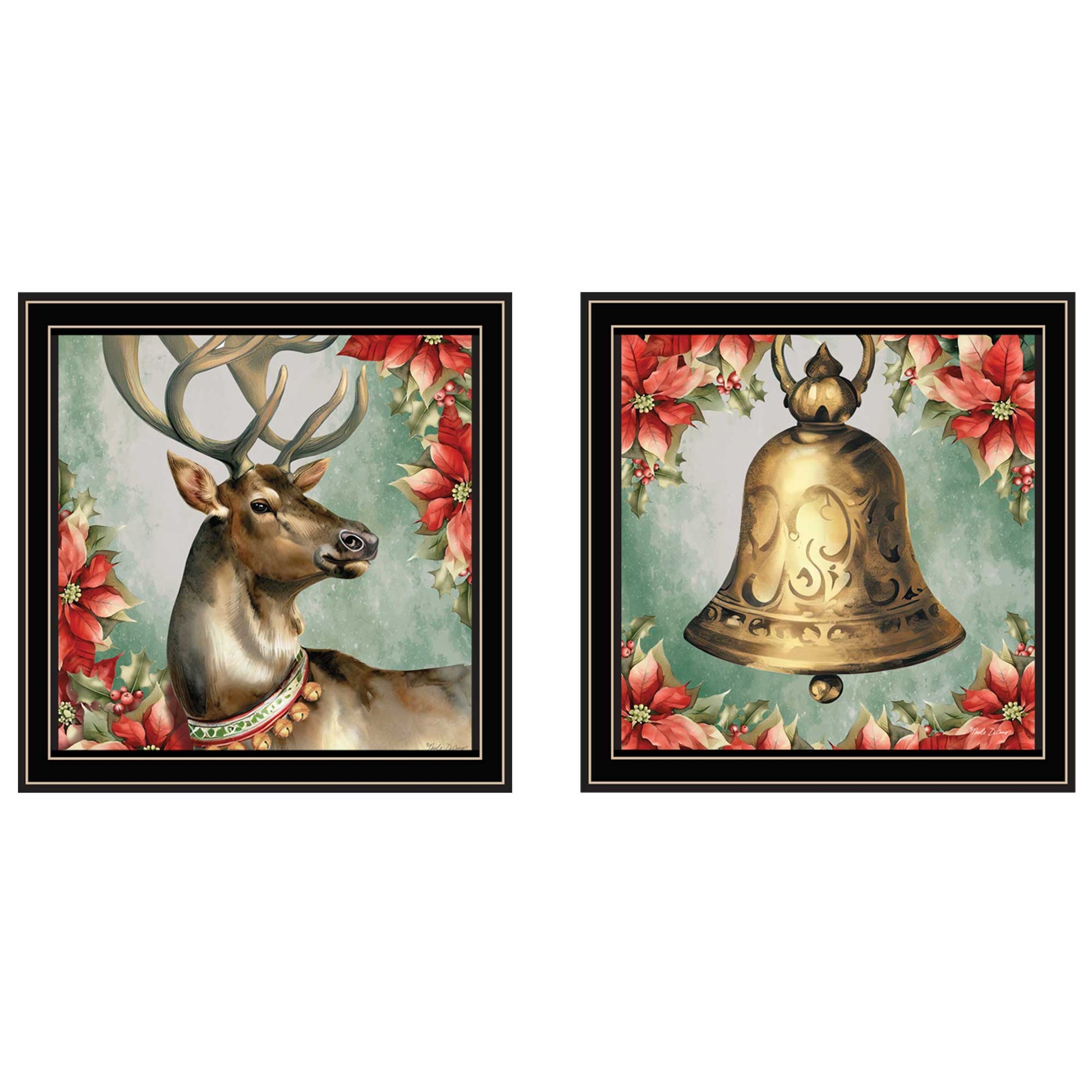 2 Piece Vignette Old World Reindeer & Bell Black Framed Wall Art For Living Room, Holiday Wall Art Print For Home Decor, Bedroom Wall Art By Nicole Decamp Multicolor Wood Paper