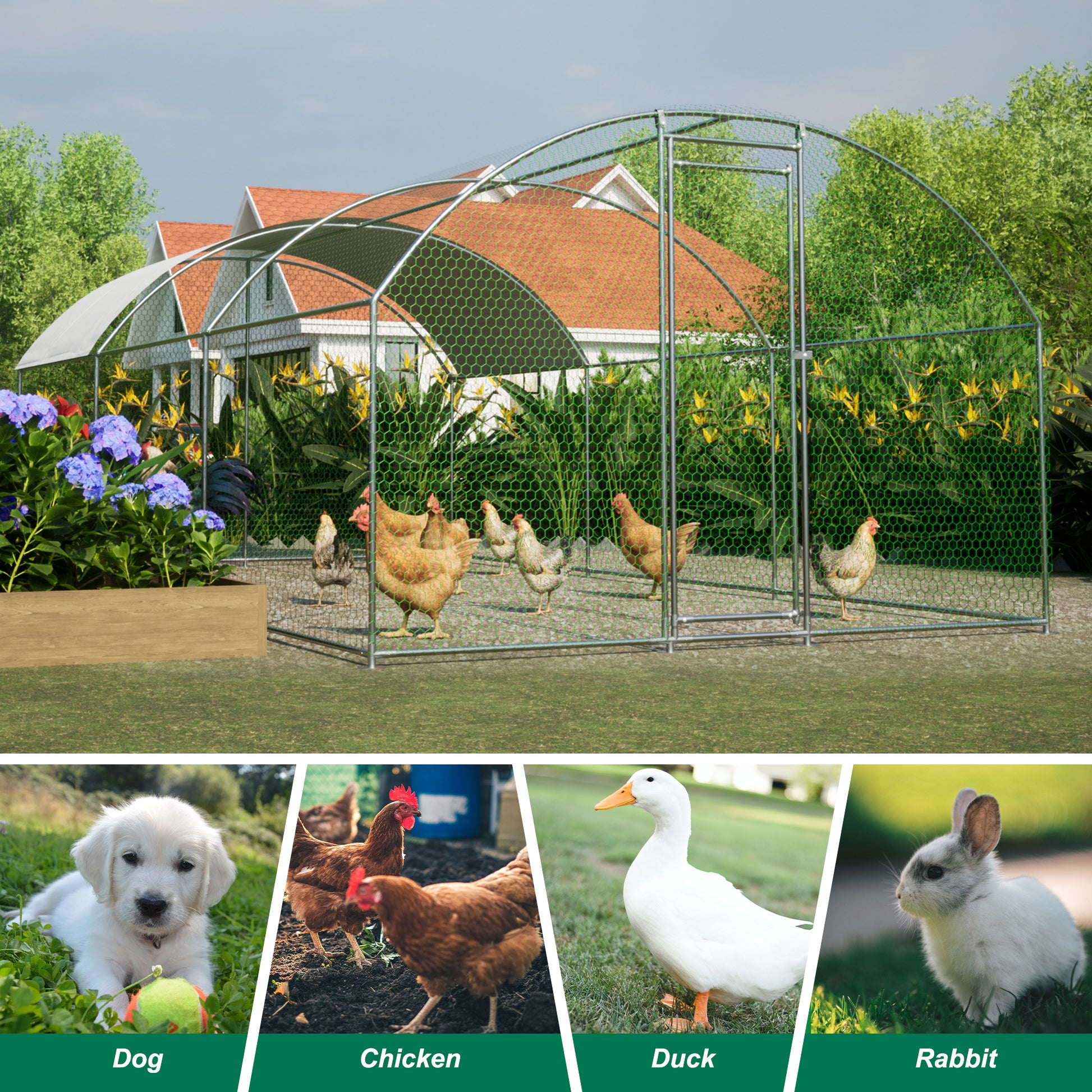 Large Chicken Coop Metal Chicken Run With Waterproof And Anti Uv Cover, Dome Shaped Walk In Fence Cage Hen House For Outdoor And Yard Farm Use, 1" Tube Diameter, 9.84' X 19.68' X 6.56' Silver Metal