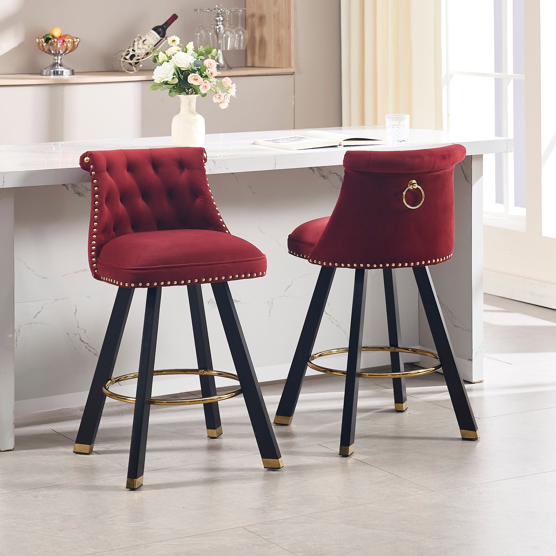 Coolmore Set Of 2,Back Pull Point Design, Velvet Material, 360 Degree Rotation, Back Pull Loop Detachable Design, Rivet Decoration, Square Foot Wooden Bar Chair Red Velvet