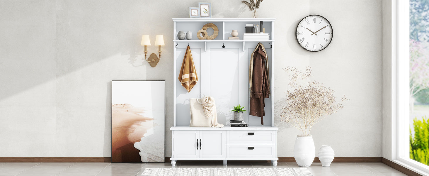 Modern Style Hall Tree With Storage Cabinet And 2 Large Drawers, Widen Mudroom Bench With 5 Coat Hooks, White White Primary Living Space Particle Board