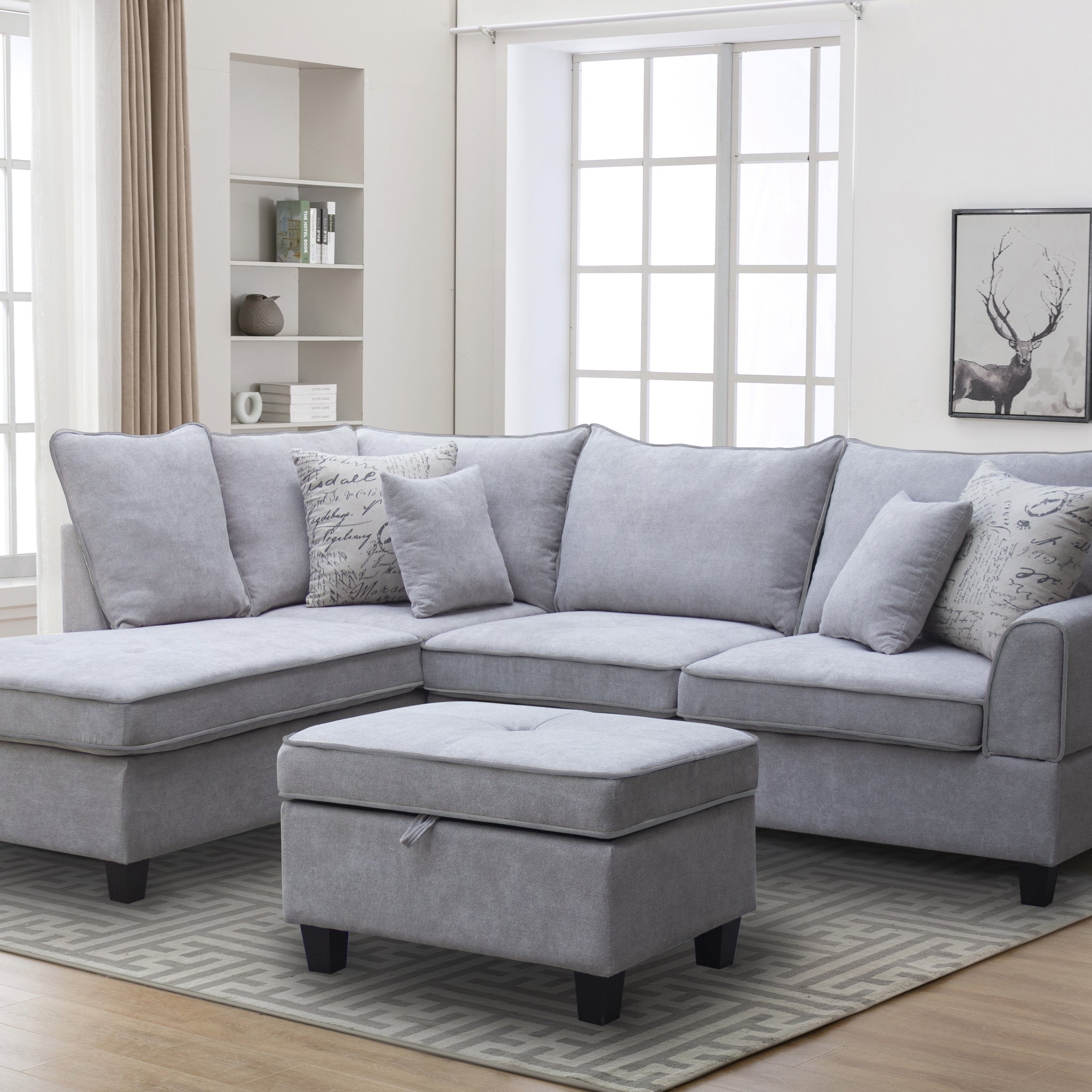 Harmony 99.5"W Light Gray Fabric Sectional Sofa With Left Facing Chaise And Storage Ottoman Light Grey Foam Fabric 5 Seat