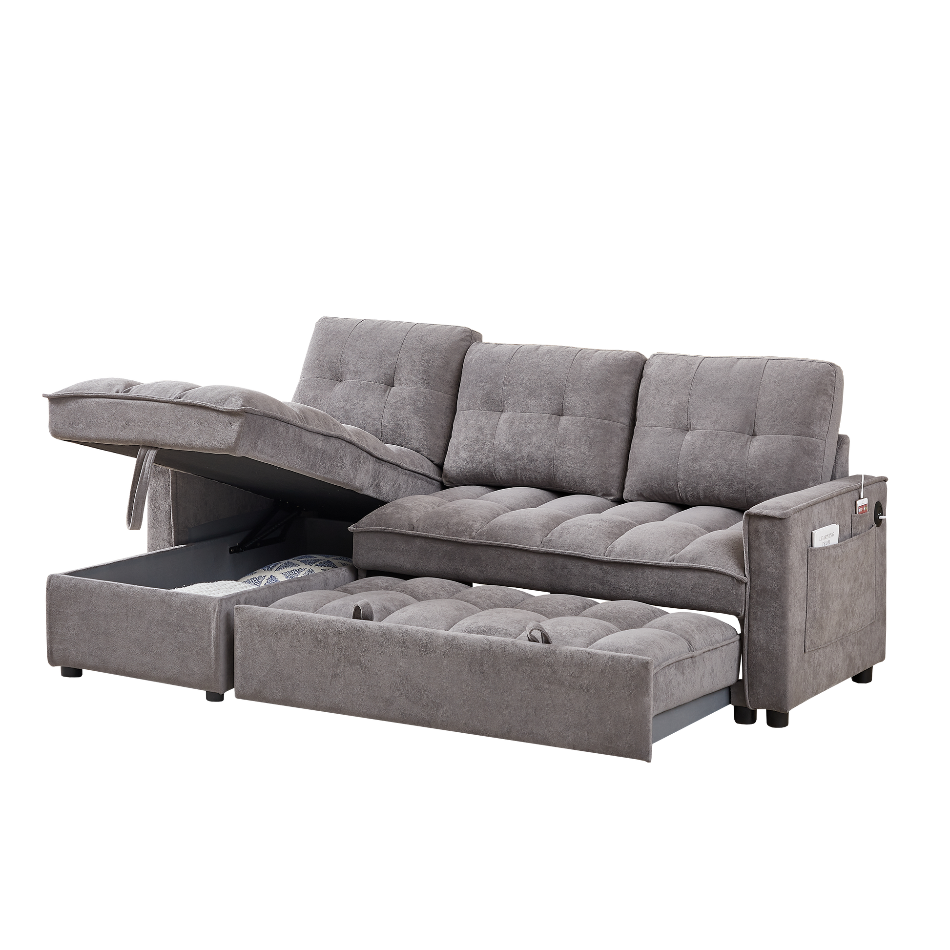 Mh 78.75" Reclining Sofa, Pull Out Sofa Bed With Usb And Tape C Charging Ports, L Shaped Sectional Sofa With Reclining Storage And Arm Side Organizer Pocket Features, Living Room Comfort Sofa Dark Grey Chenille Wood Primary Living Space Eucalyptus Foam