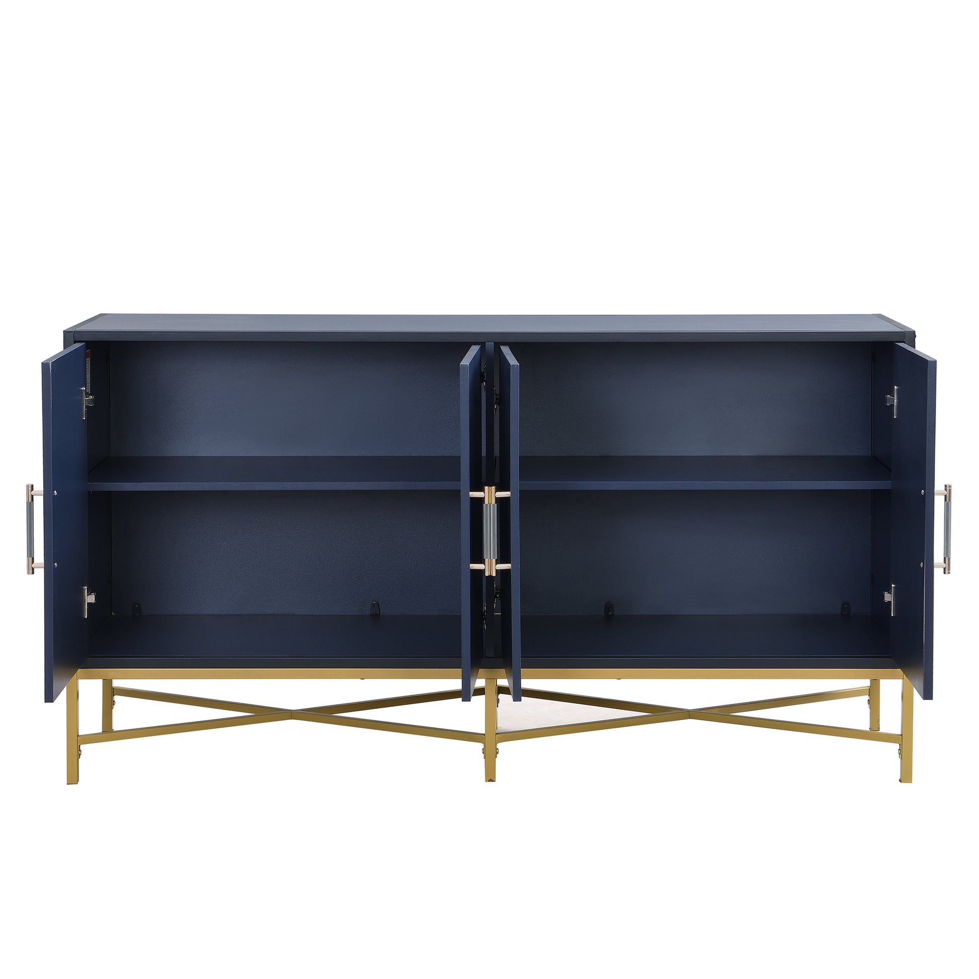 Distinctive Features Of Four Door Sideboard With Metal And Cross Leg Design,Suitable For Living Rooms,Entrance And Study Navy Blue American Design Mdf