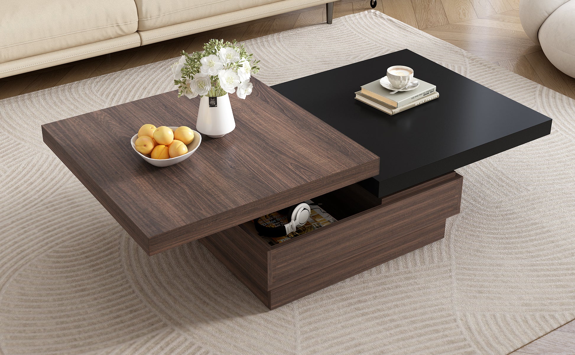 Rotatable Top Coffee Table, Modern Square Coffee Table With Wood Grain Design, 1 Hidden Storage Space For Living Room, Black Brown Black Mdf