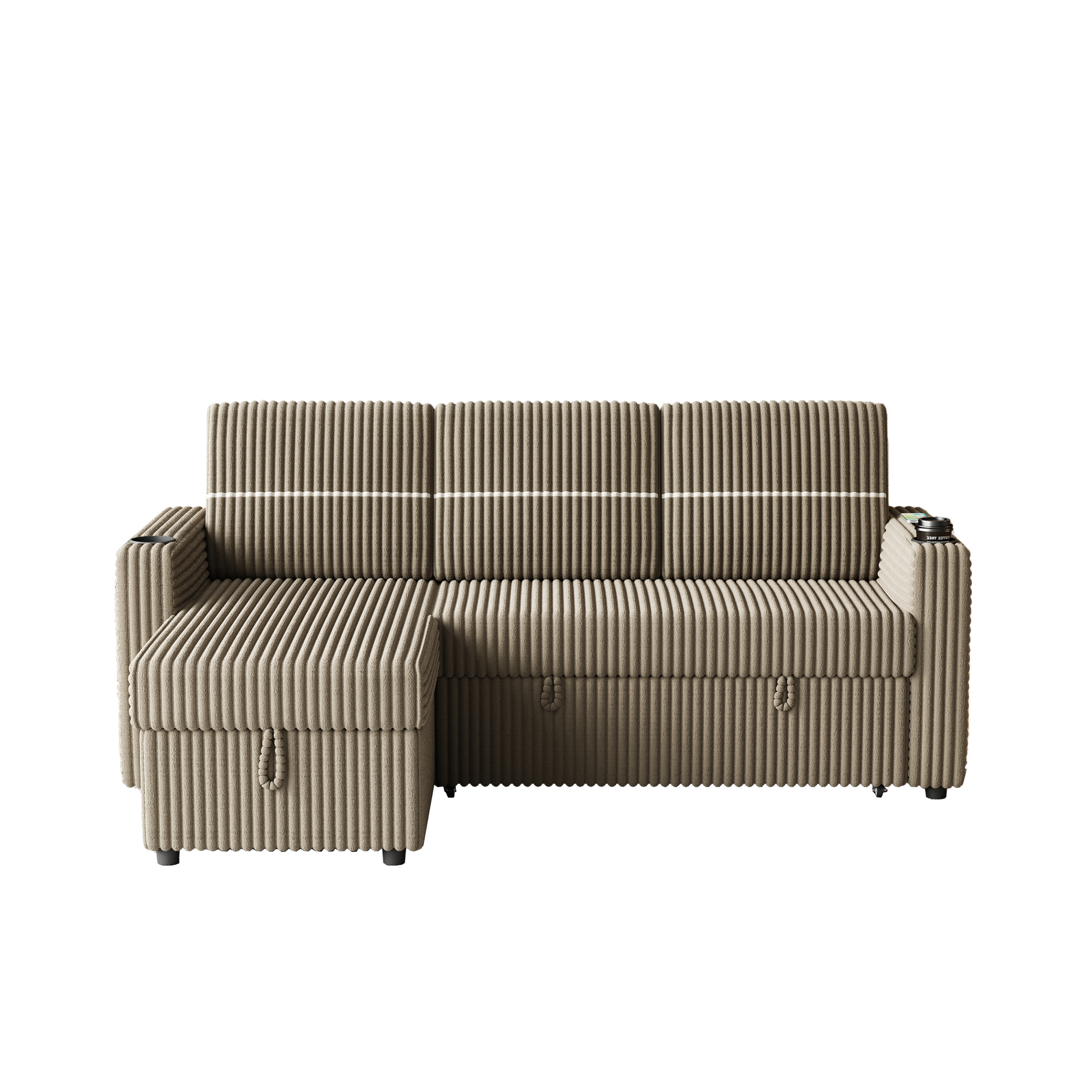 85 Inches Corduroy Sofa Bed, 3 Seater Sleeper Sofa With Storage Chaise, Square Handrail With Two Cup Holder And Usb Charge Port, Pull Out Couch For Living Room Brown Corduroy 3 Seat