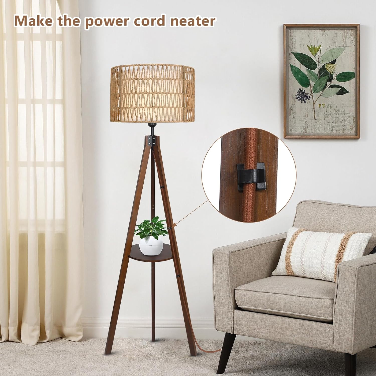 Boho Tripod Floor Lamp With Shelves, Mid Century Wood Standing Lamp With Rattan & Fabric Shades, On Off Foot Switch, Modern Farmhouse Tall Floor Lamps For Living Room Bedroom Office Brown Wood Fabric Rattan