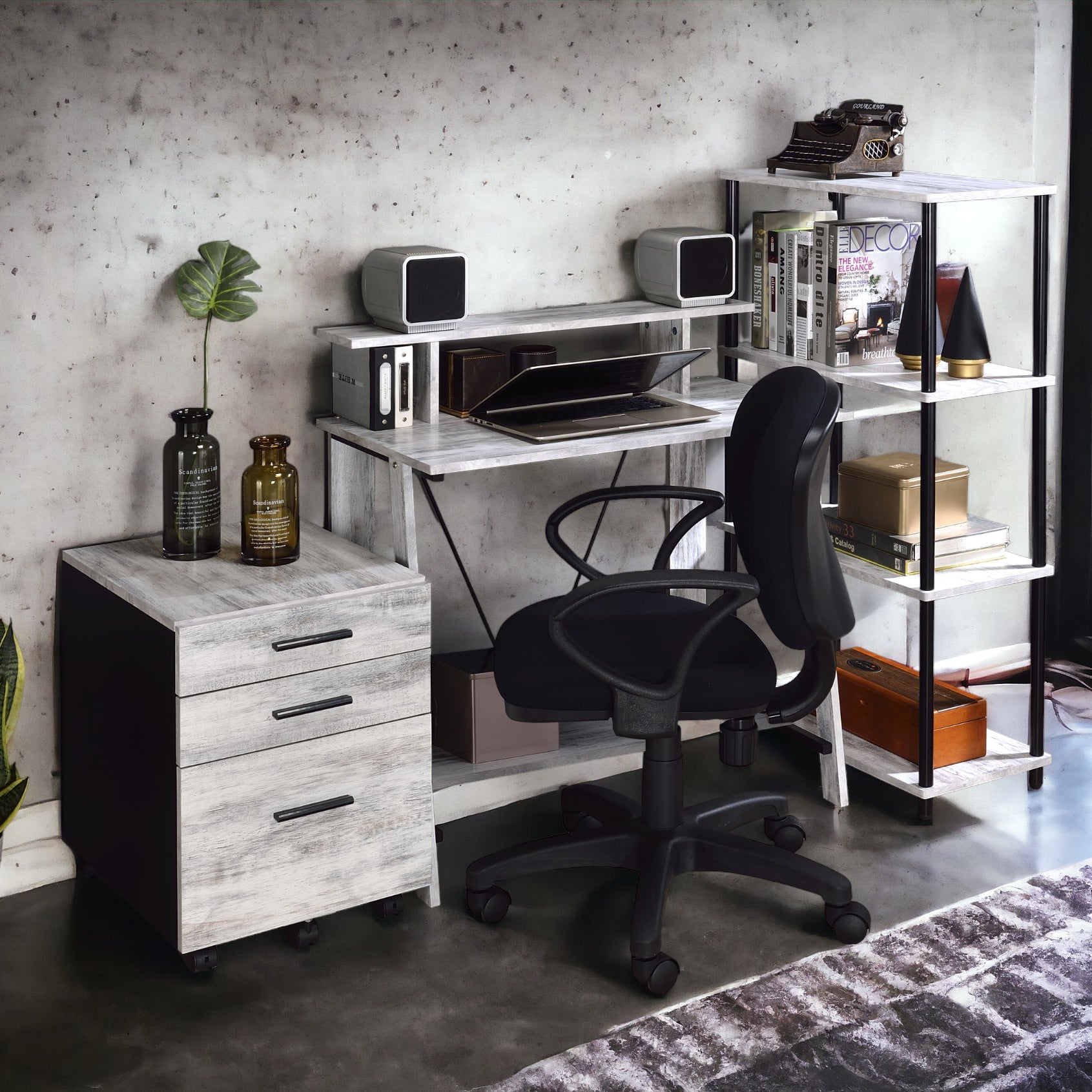 Antique White And Black Writing Desk With Upper Shelf Black Grey Office Rectangular Wood Metal