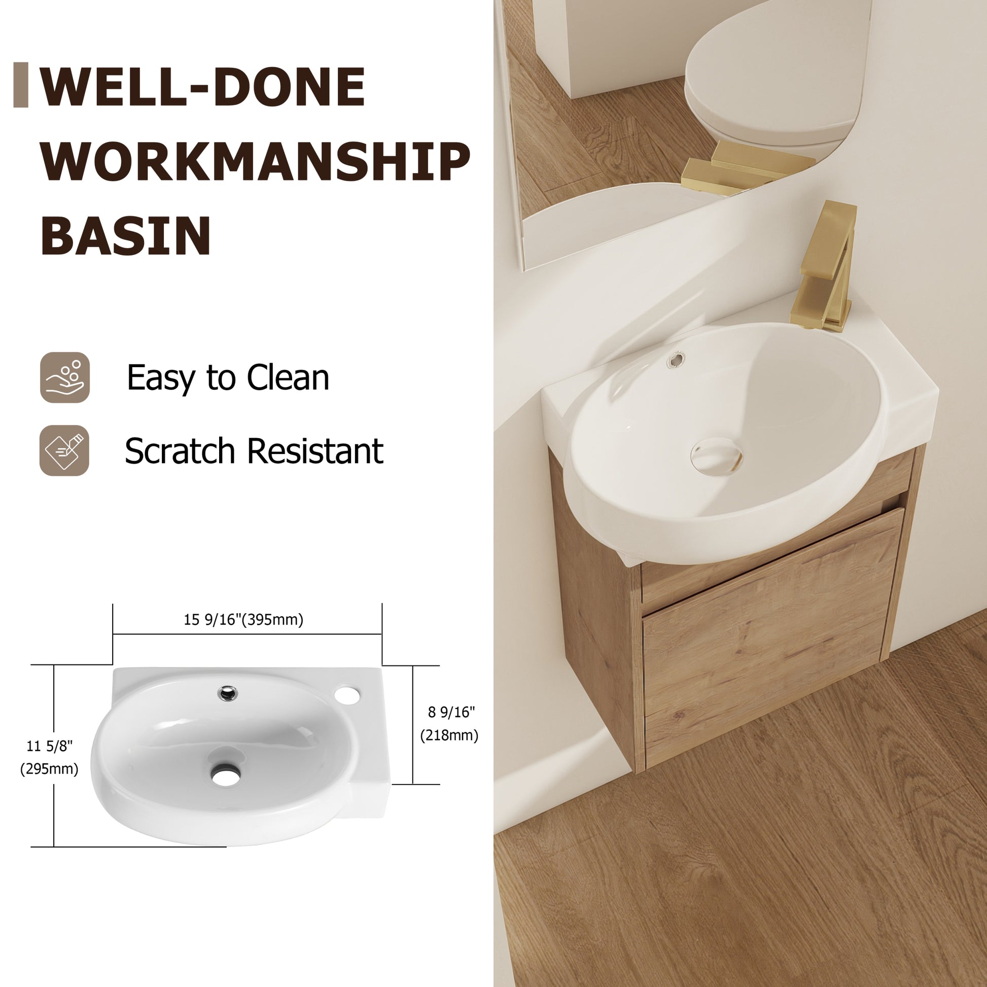 Soft Close Doors Bathroom Vanity With Sink,16 Inch For Small Bathroom Imitative Oak 1 Bathroom Wall Mounted Modern Plywood