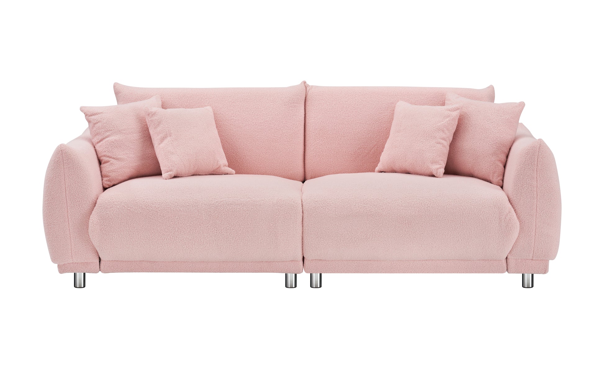 The 86.6 Inch Teddy Fleece Pink Sofa With Four Throw Pillows And Hardware Feet Can Sit Comfortably In An Apartment Bedroom Without Taking Up Space Pink Fabric 2 Seat