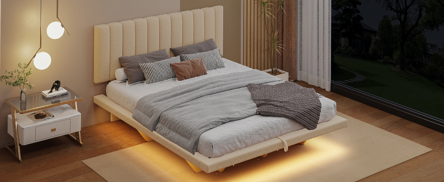 Queen Size Upholstered Floating Bed With Led Light And Usb Port, Velvet, Beige, Hydrualic Platform Bed Queen Beige Velvet