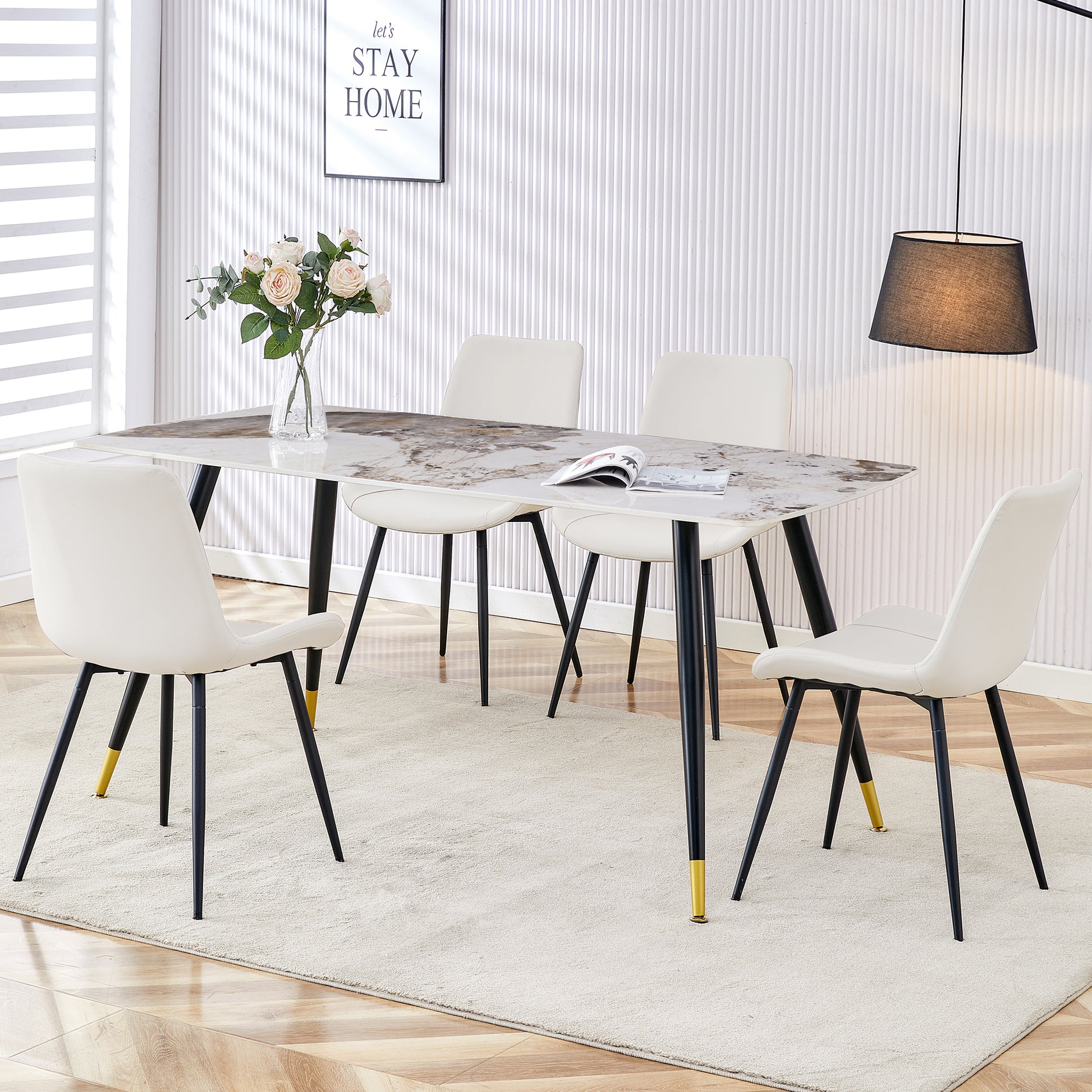 Table And Chair Set, Imitation Marble Texture Rock Board Table Top, Black Metal Table Legs. Paired With 4 White Artificial Leather Backrest Cushion Dining Chairs With Black Metal Legs. White Black Seats 4 Metal