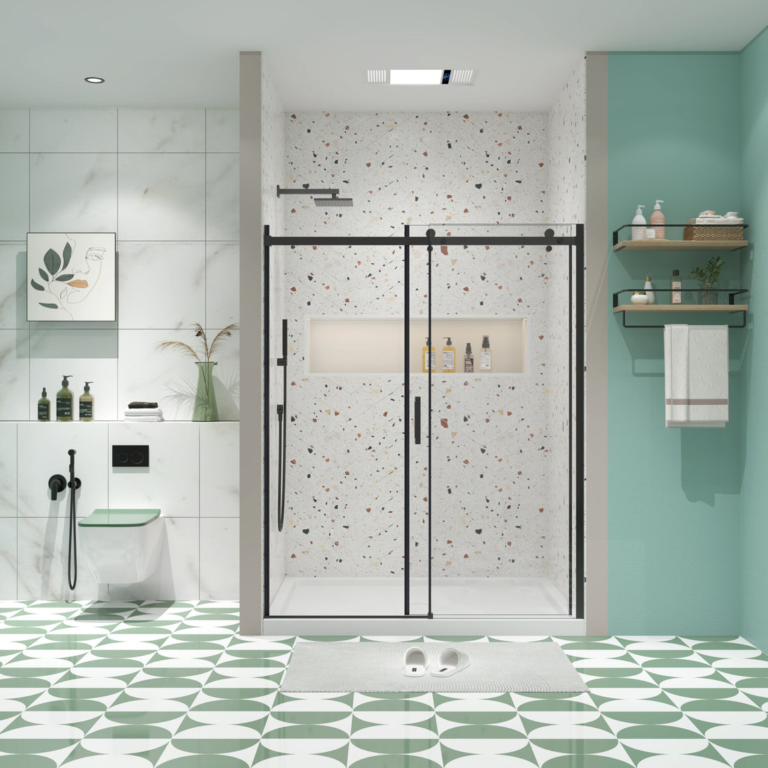 Glass Shower Door, Sliding Door, With 5 16" Tempered Glass And Matted Black Finish Matte Black Bathroom Aluminium Alloy