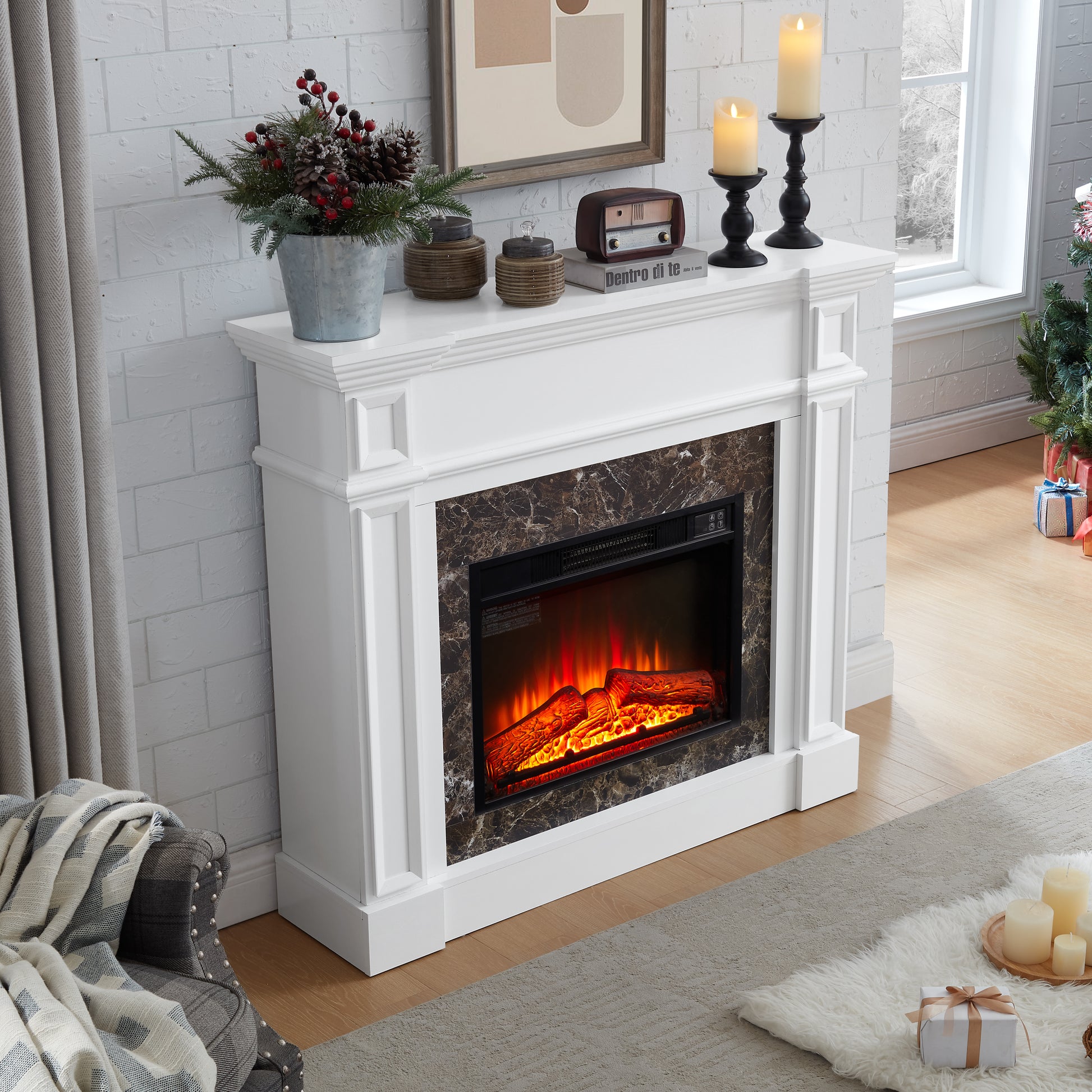 Electric Fireplace With Mantel, Fireplace Mantel, Fireplace Heater Freestanding, Realistic Stacked Stone Surround With Remote Control Timer Led Flame, White, 45.66"W*11.8"D*40"H White Mdf
