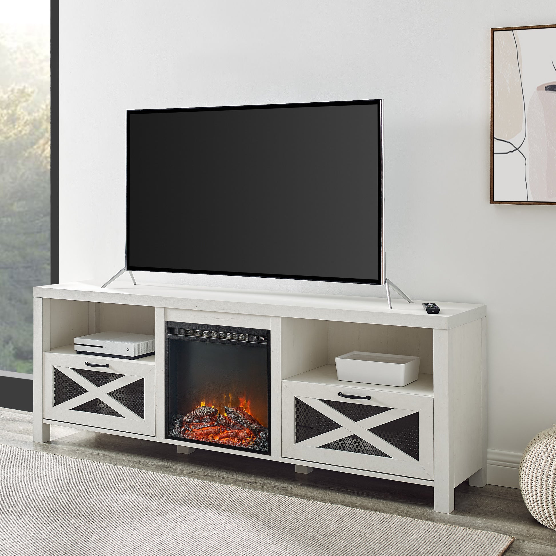 Industrial Farmhouse Metal Mesh Drop Down X Door 70" Fireplace Tv Stand For 80" Tvs Brushed White White Washed Mdf