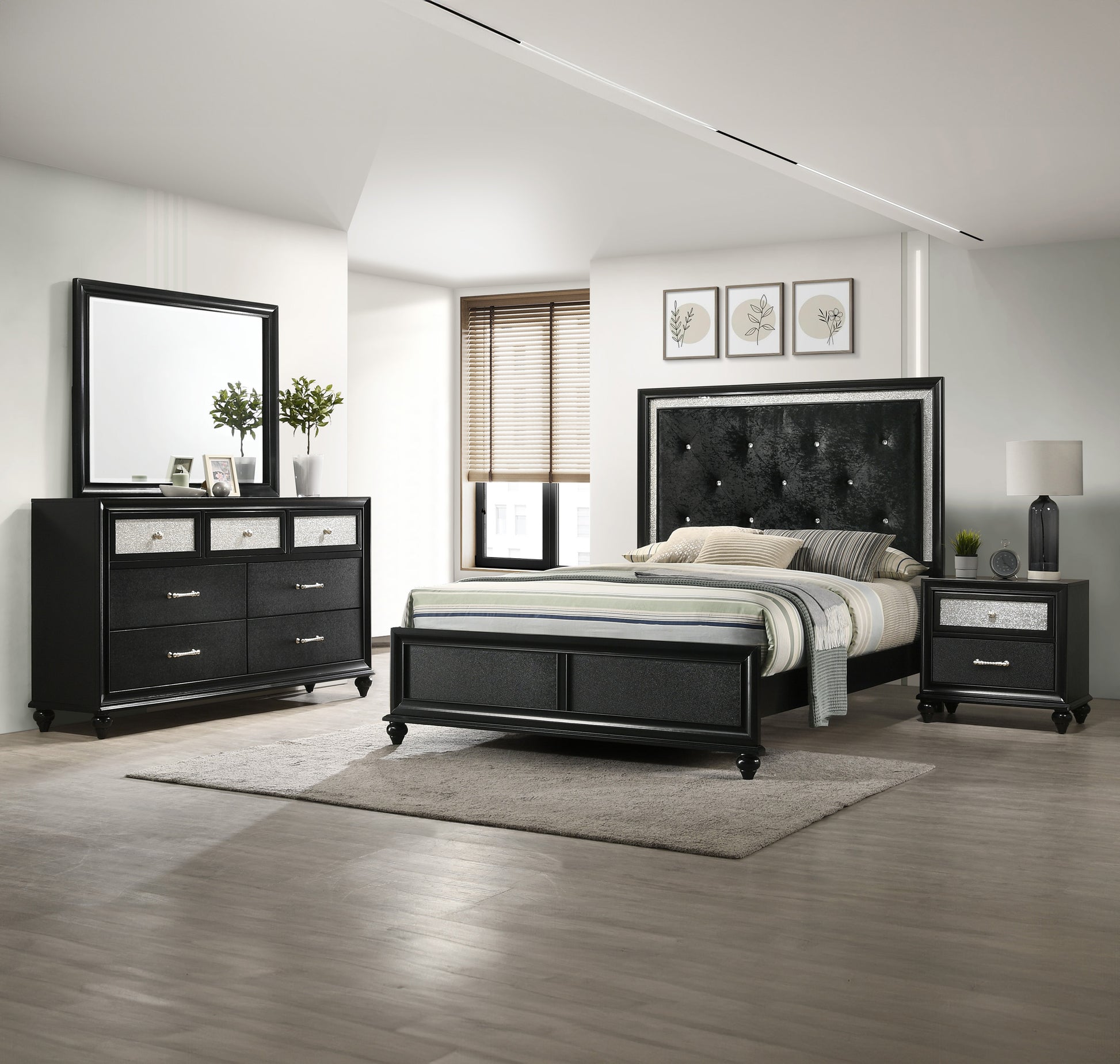 1Pc Luxury Glam Seven Drawer Bedroom Dresser With Two Toned Drawer Black Finish Shimmering Accents Bedroom Solid Wood Wooden Furniture Black Bedroom Contemporary,Glam,Luxury Wood