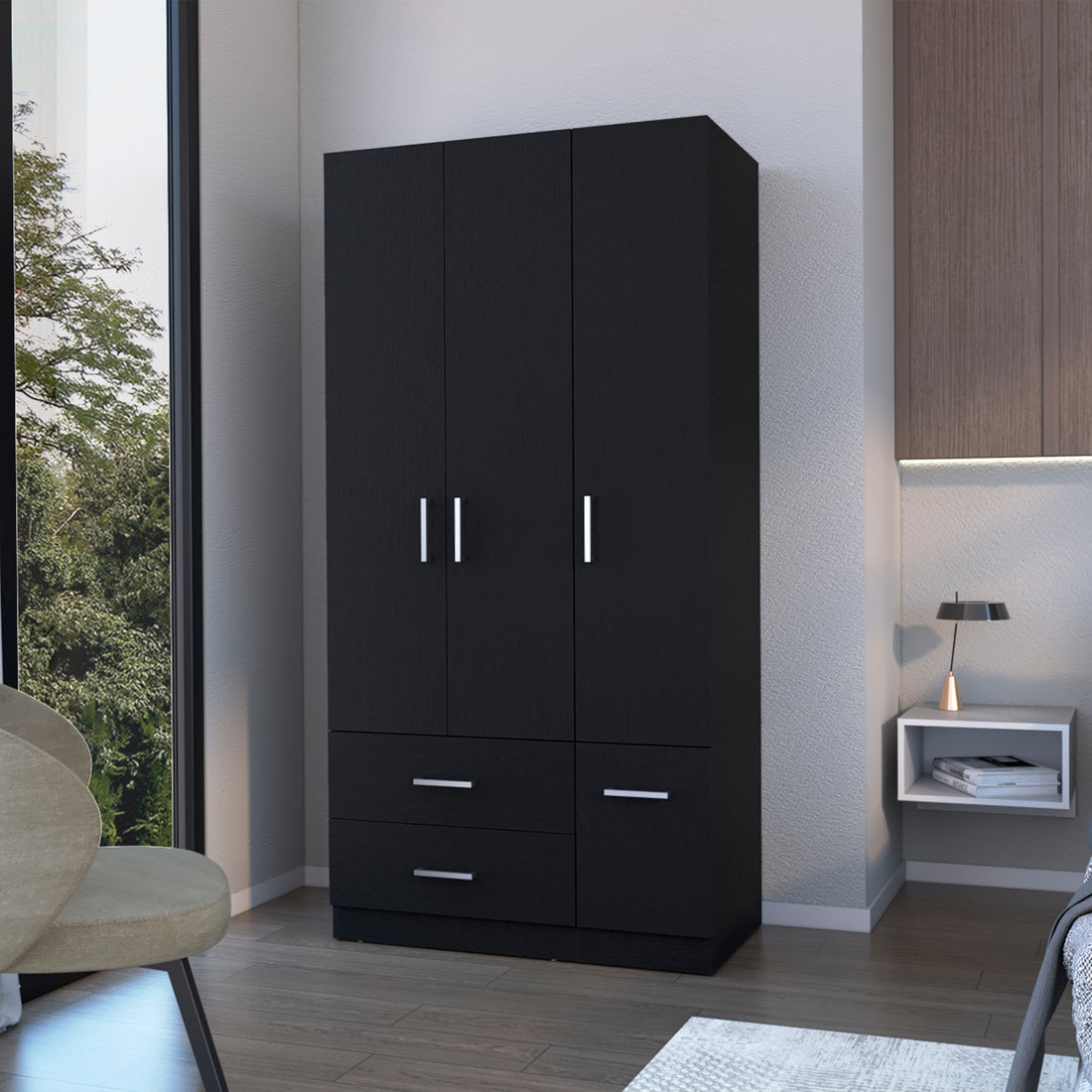 Douglas Armoire In Melamine, Two Drawers, Hanging Rod And 4 Doors. Black Bedroom Contemporary Particle Board Melamine