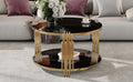 Modern Black Mirror Coffee Table, Asymmetrical Metal, Circular Metal Drum Base, Gold Finish & Lower Shelf Black Tempered Glass