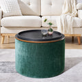 2 Piece Set Round Chenille Storage Ottoman, Equipped With A Drum Shaped Small Stool, Storage Space, And Mdf Made Desktop Panel Dark Green23.62