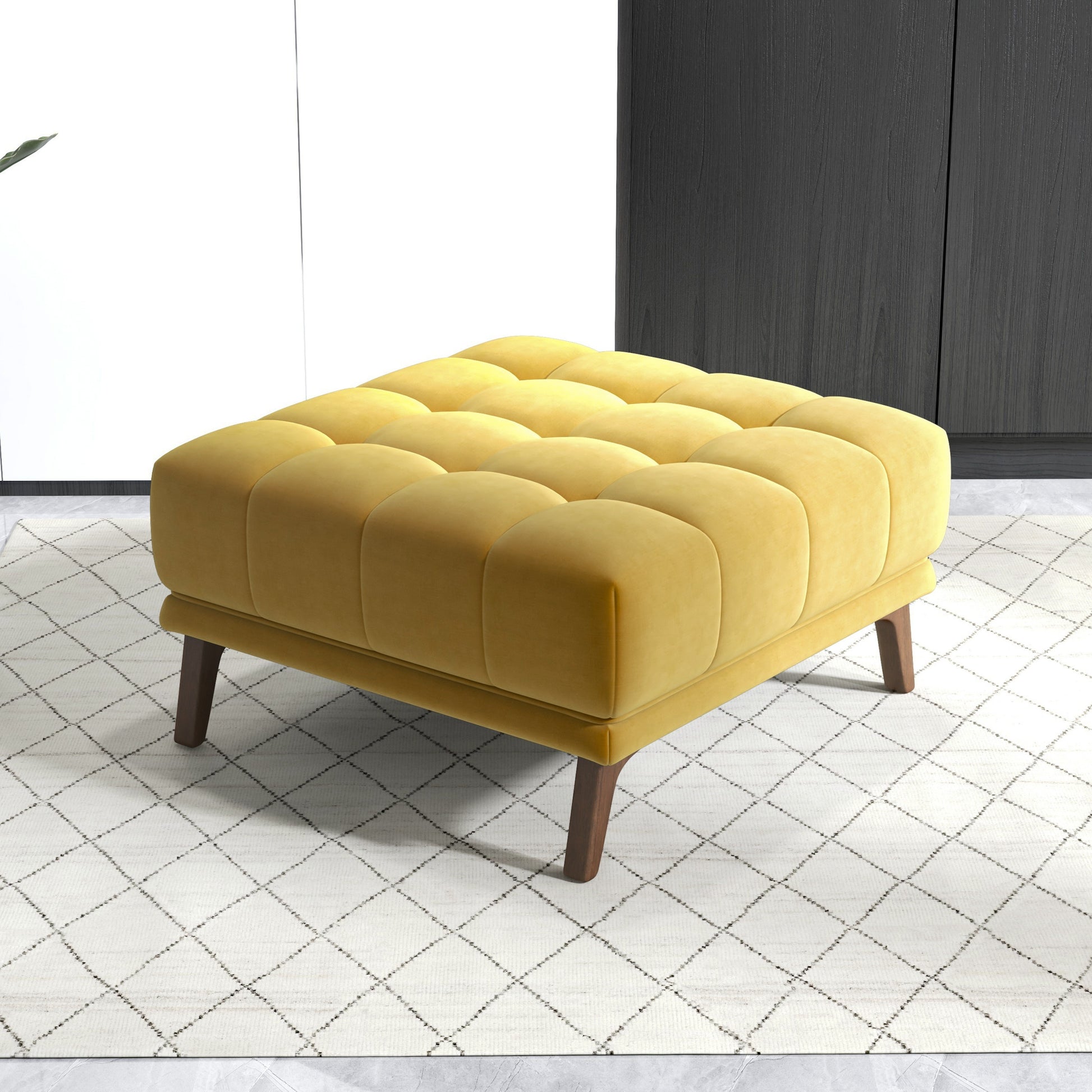 Addison Square Upholstered Ottoman Brown,Yellow Brown Velvet Wood Primary Living Space Solid Mid Century Modern Square Foam Tufted Solid Wood,Velvet