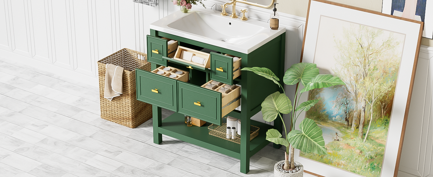 30'' Bathroom Vanity With Resin Sink Combo, Free Standing Single Vanity Set With 5 Drawers, Solid Wood Frame Bathroom Storage Cabinet, Green 4 Green 1 Bathroom Freestanding Modern Solid Wood Mdf Resin Painted