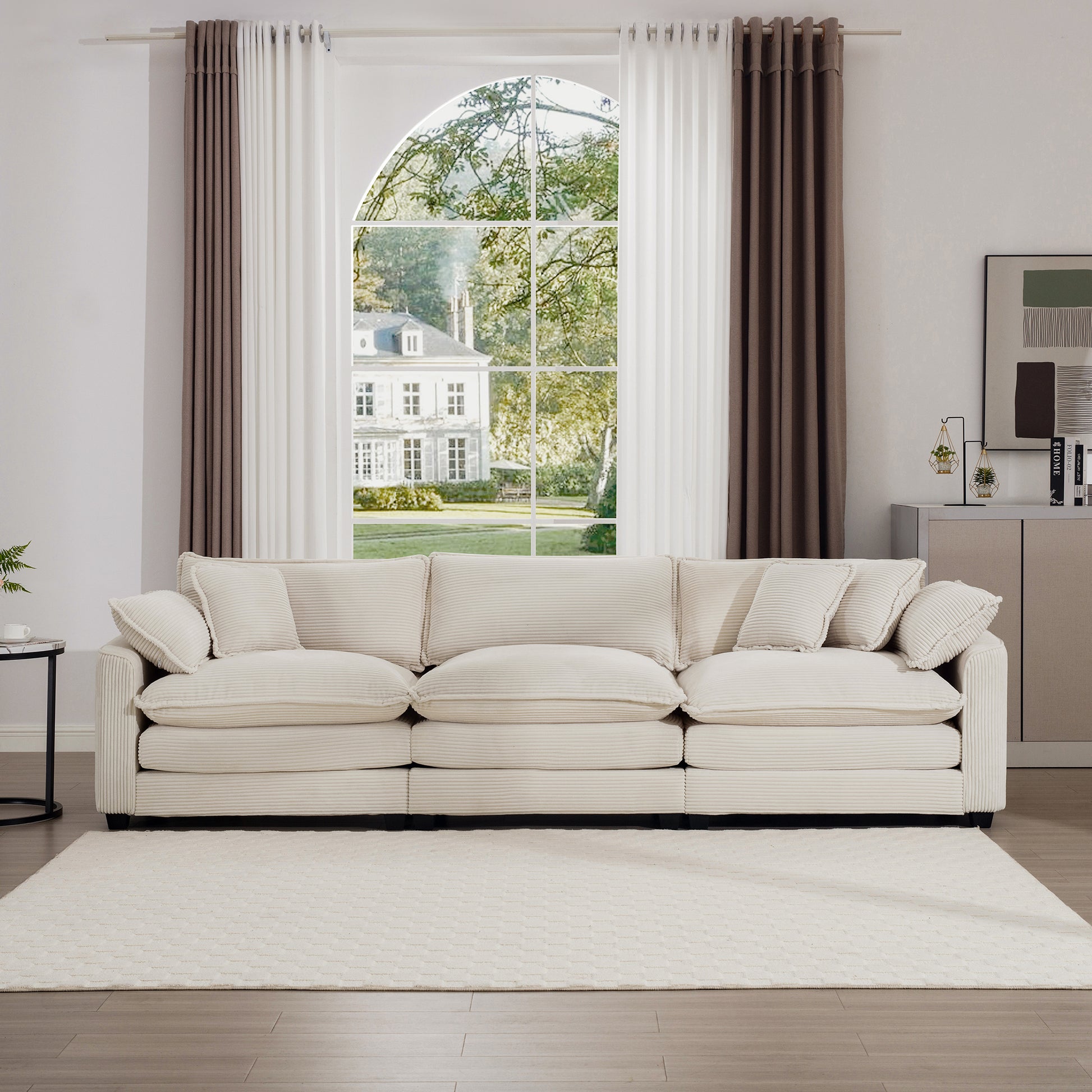 Mid Century Modern Sofa 3 Seater Sectional Sofa With 2 Arm Pillows And 3 Throw Pillows, Light Beige Corduroy Fabric Beige Corduroy 3 Seat