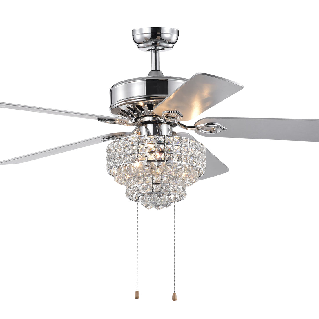 52 Inch Crystal Ceiling Fan Lamp With Hand Pull Chain 3 Speed High, Mid, Low , 5 Reversible Blades Ceiling Fan Chrome ,3Pcs*E12 No Include Bulb Chrome American Traditional,Antique,Classic,Contemporary Plywood Metal