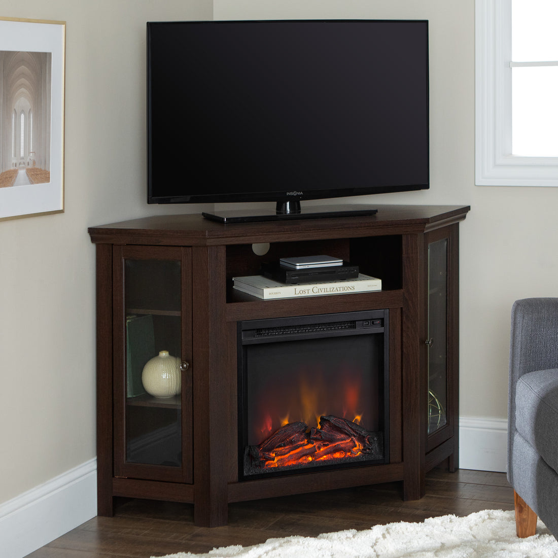 Classic Glass Door Fireplace Tv Stand For Tvs Up To 55" Espresso Espresso Mdf