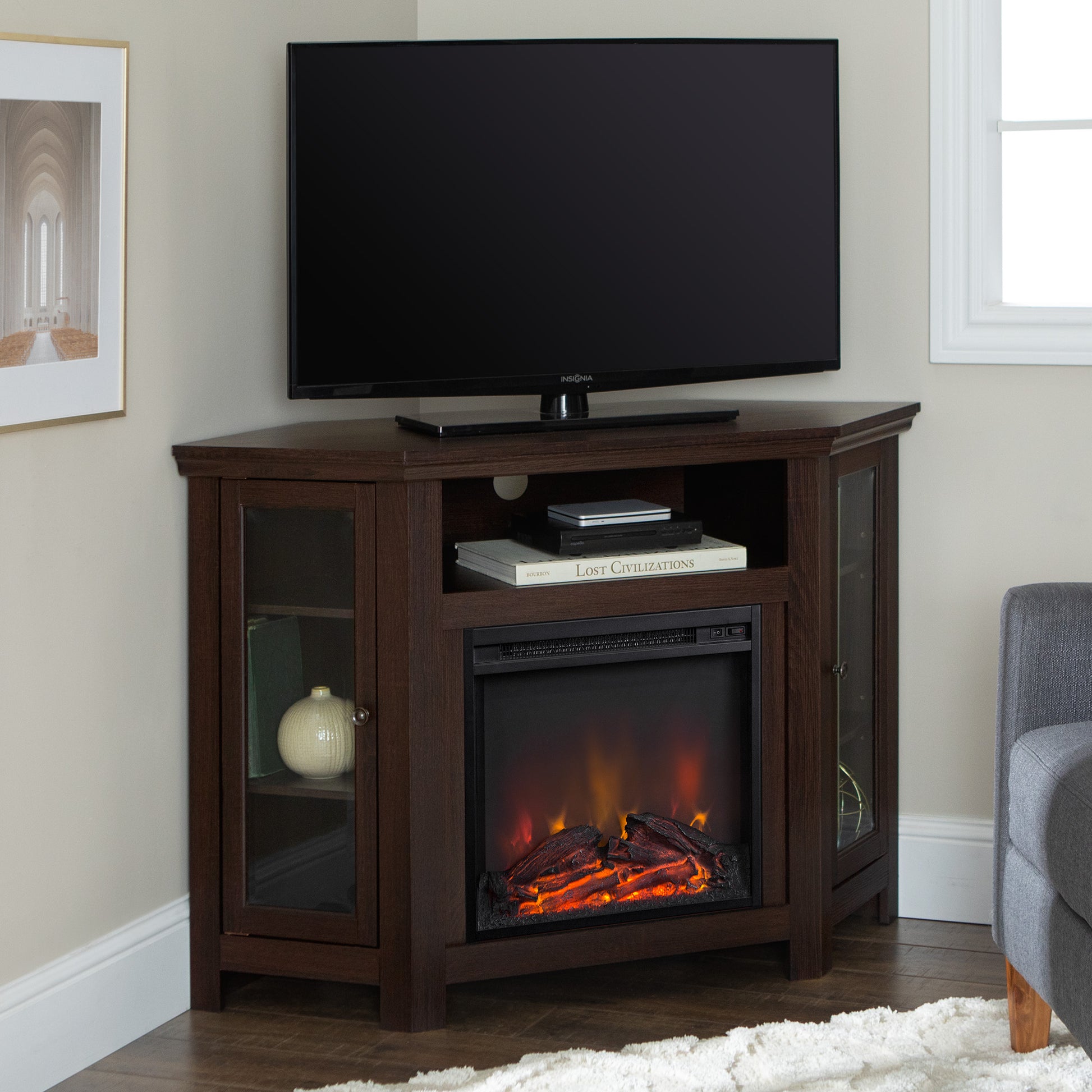 Classic Glass Door Fireplace Tv Stand For Tvs Up To 55" Espresso Espresso Mdf