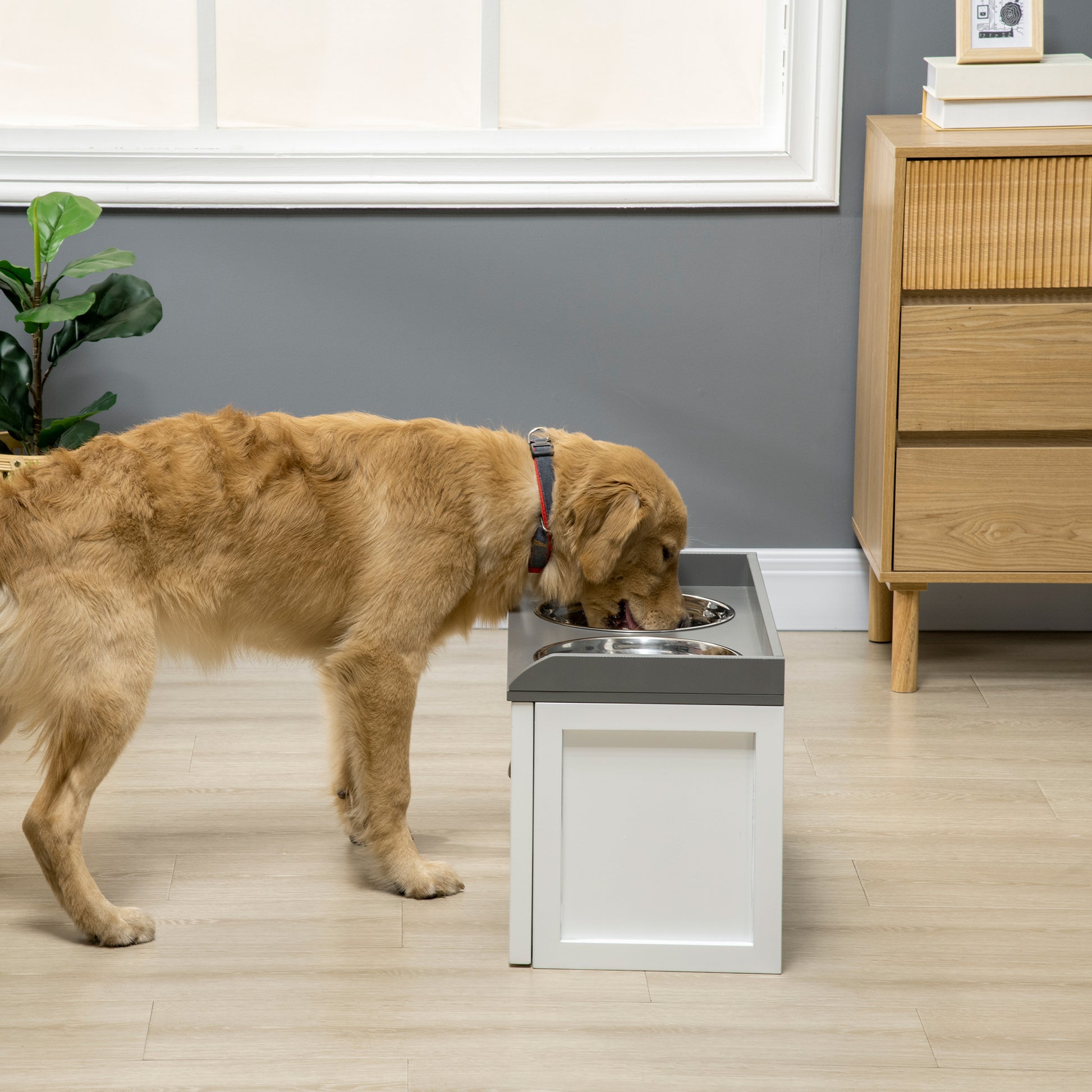 Pawhut Dog Feeding Station With Storage Drawer, Dog Food Storage Cabinet With 2 Removable Elevated Dog Bowls For Large Sized Dogs, White White Mdf