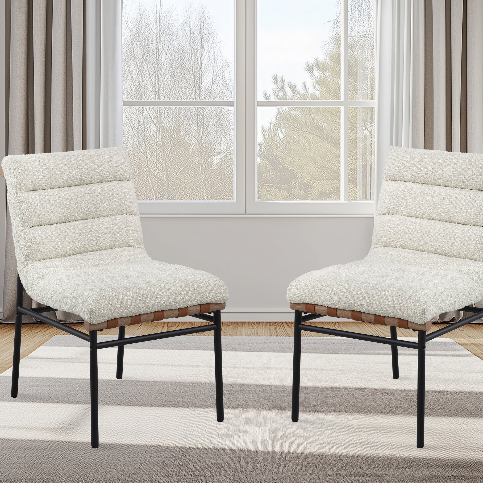 Lahni White Boucle Fabric Set Of 2 Dining Chair With Black Iron Legs White Boucle