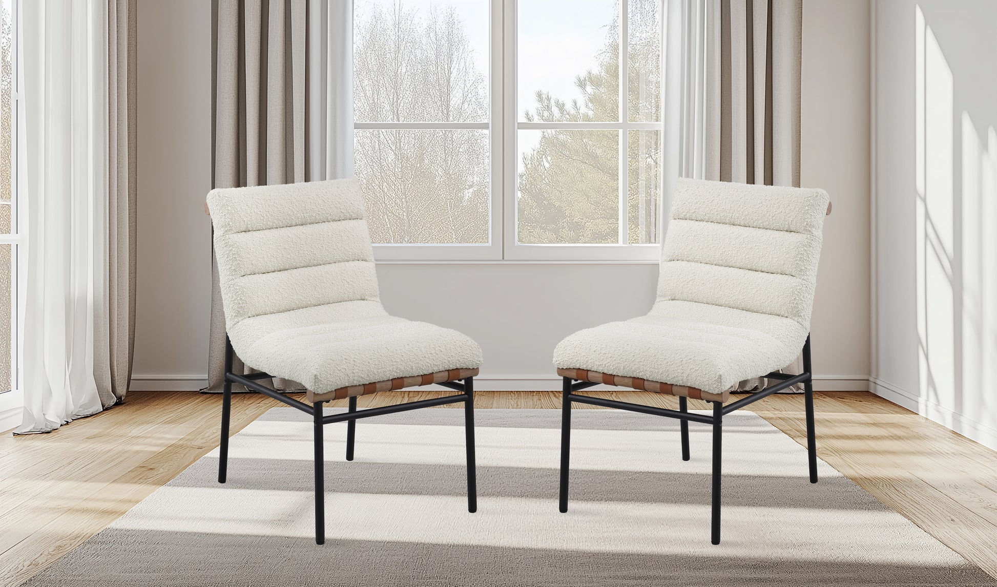 Lahni White Boucle Fabric Set Of 2 Dining Chair With Black Iron Legs White Boucle