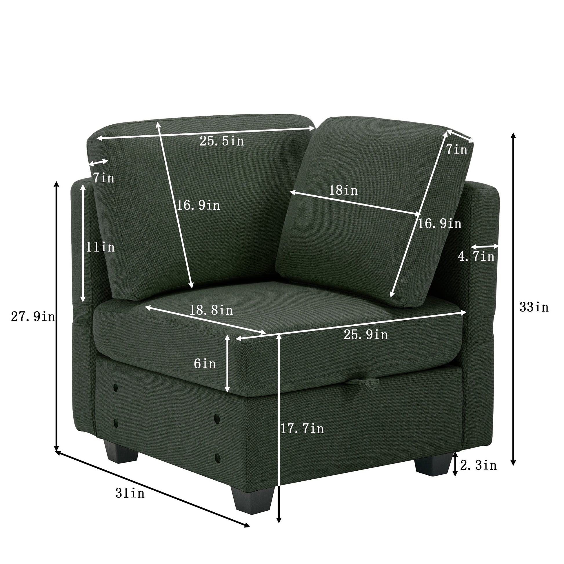 Contemporary Modern Chic Upholstered Fabric Sofa With Storage Seats And Storage Ottomans, 2 Seater Sofa Fabric Couch With Adjustable Arms And Backs For Living Room Green Green Polyester 2 Seat