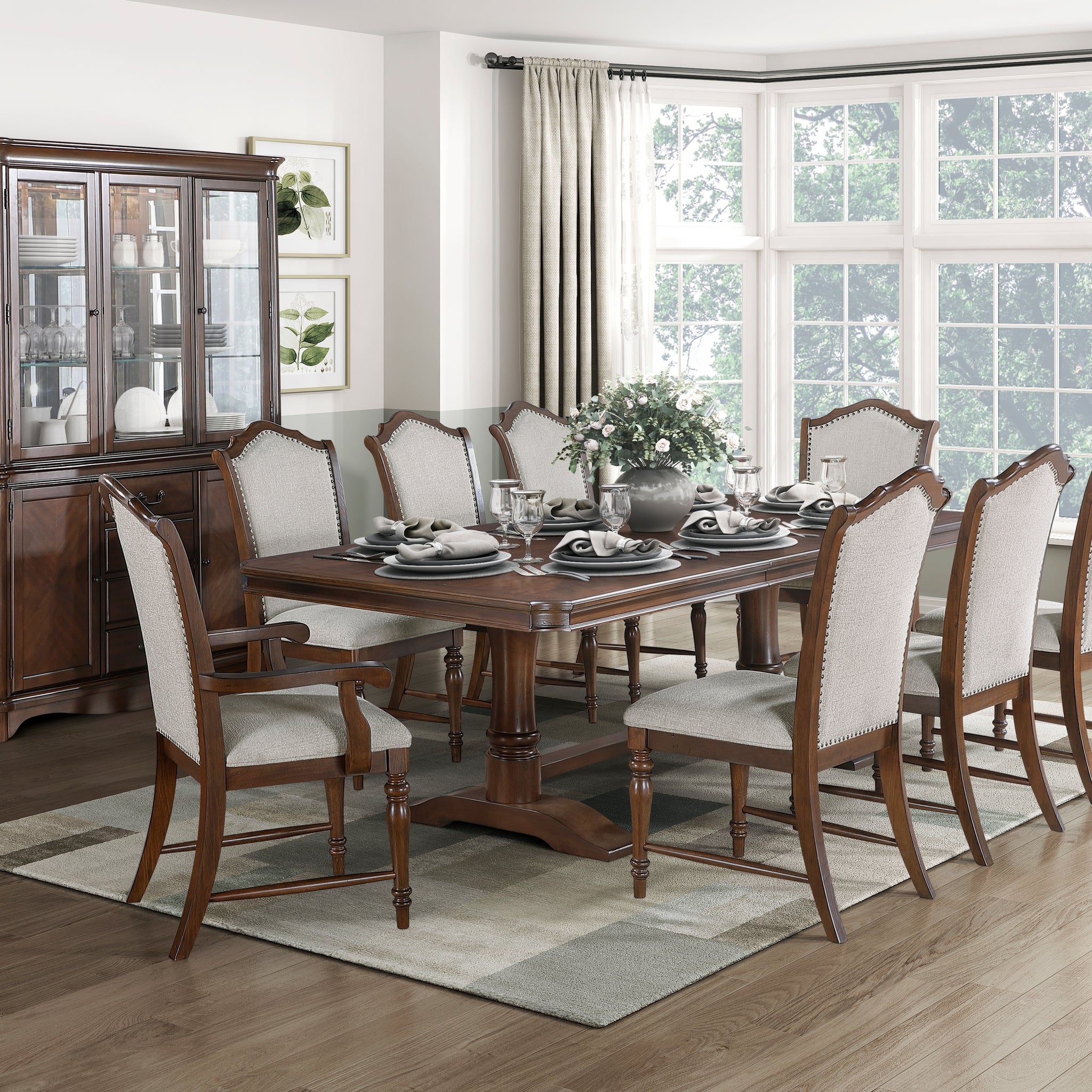 Formal Traditional Dining Set 9Pc Table With Extension Leaf And 2 Armchairs 6 Side Chairs Cherry Finish Fabric Upholstery Trim Wooden Furniture Wood Wood Cherry Seats 8 Wood Dining Room Self Storing