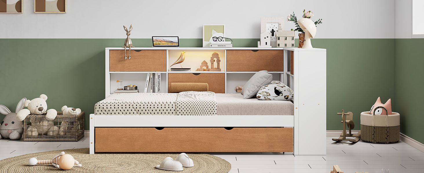 L Shaped Bed Frame With Trundle And And Bookcase,Corner Bed Wooden Captain Bed With Led Downlight And Usb Port For Small Room,Bedroom, Guest Room, Twin Size, Walnut And White Box Spring Not Required Twin White Walnut Wood Bedroom Modern Pine Bed Frame