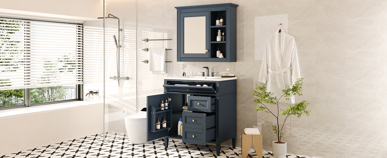 30'' Bathroom Vanity With Top Sink, Modern Bathroom Storage Cabinet With 2 Drawers And A Tip Out Drawer, Freestanding Vanity Set With Mirror Cabinet, Single Sink Bathroom Vanity 3 Blue 2 Mirror Included Bathroom Wall Mounted Modern Solid Wood Painted