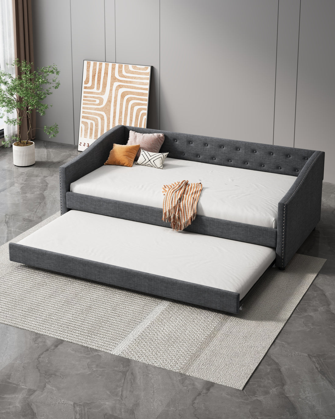 Twin Size Daybed With Twin Size Trundle Upholstered Tufted Sofa Bed, With Button On Back And Copper Nail On Waved Shape Arms Dark Grey Twin Dark Grey Wood Fabric