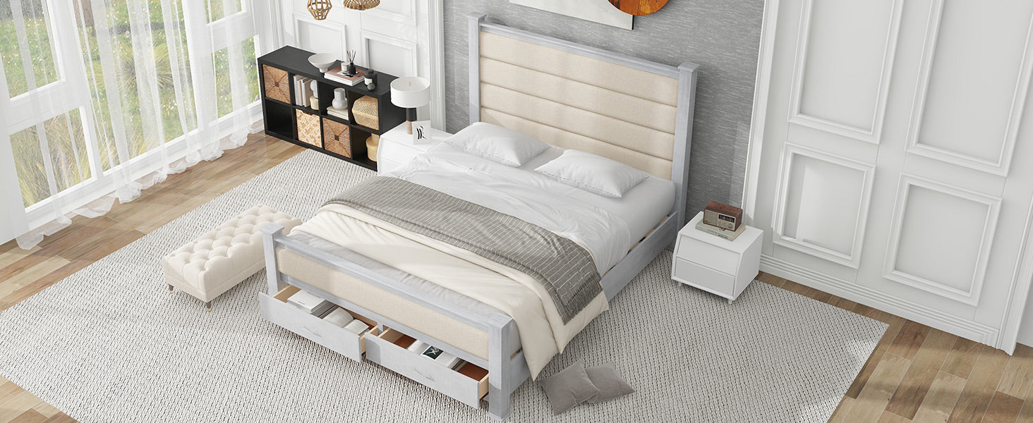 Queen Size Wood Frame Platform Bed With Upholstered Headboard, Footboard And 2 Drawers, Antique White Box Spring Not Required Queen Antique White Wood Bed Frame Solid Wood Mdf