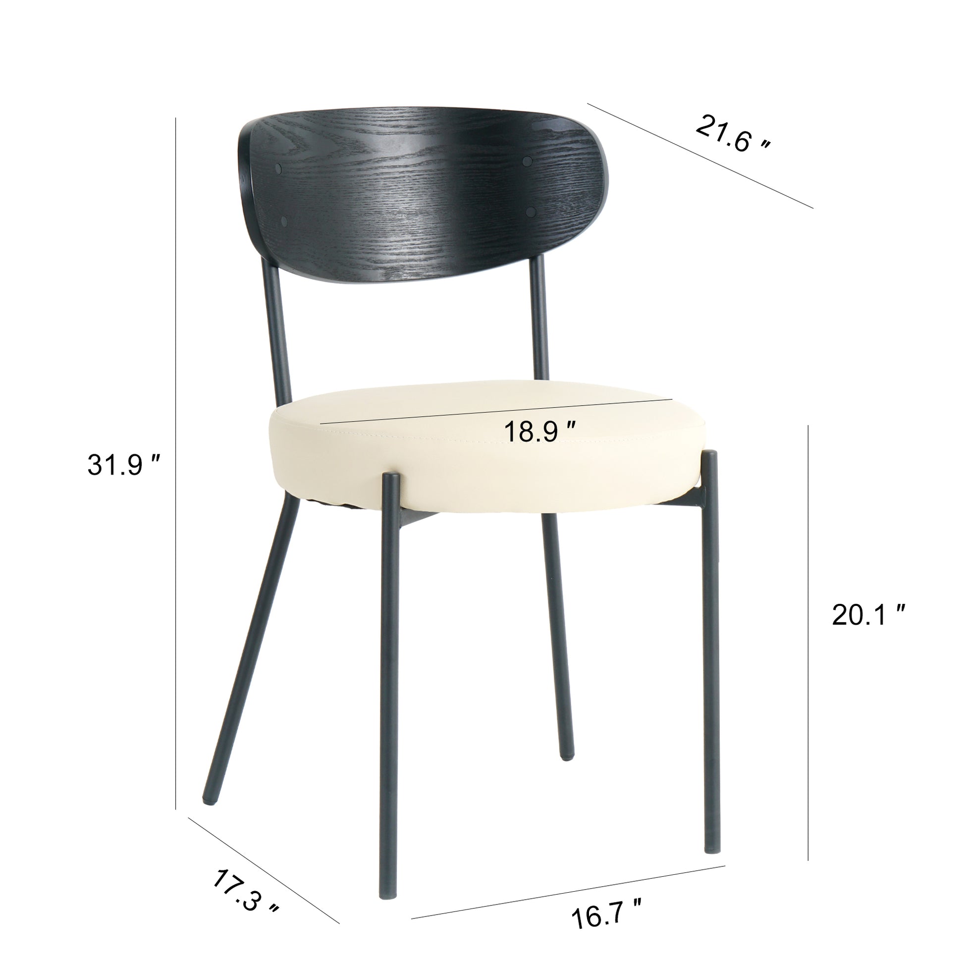 Modern Grey Simple Pu Dining Chair Upholstered Chair Family Bedroom Stool Back Dressing, Black Round Table Set, Bentwood Covered With Ash Veneer Chair Back, Chair Black Metal Legs Set Of 3 Black Mdf