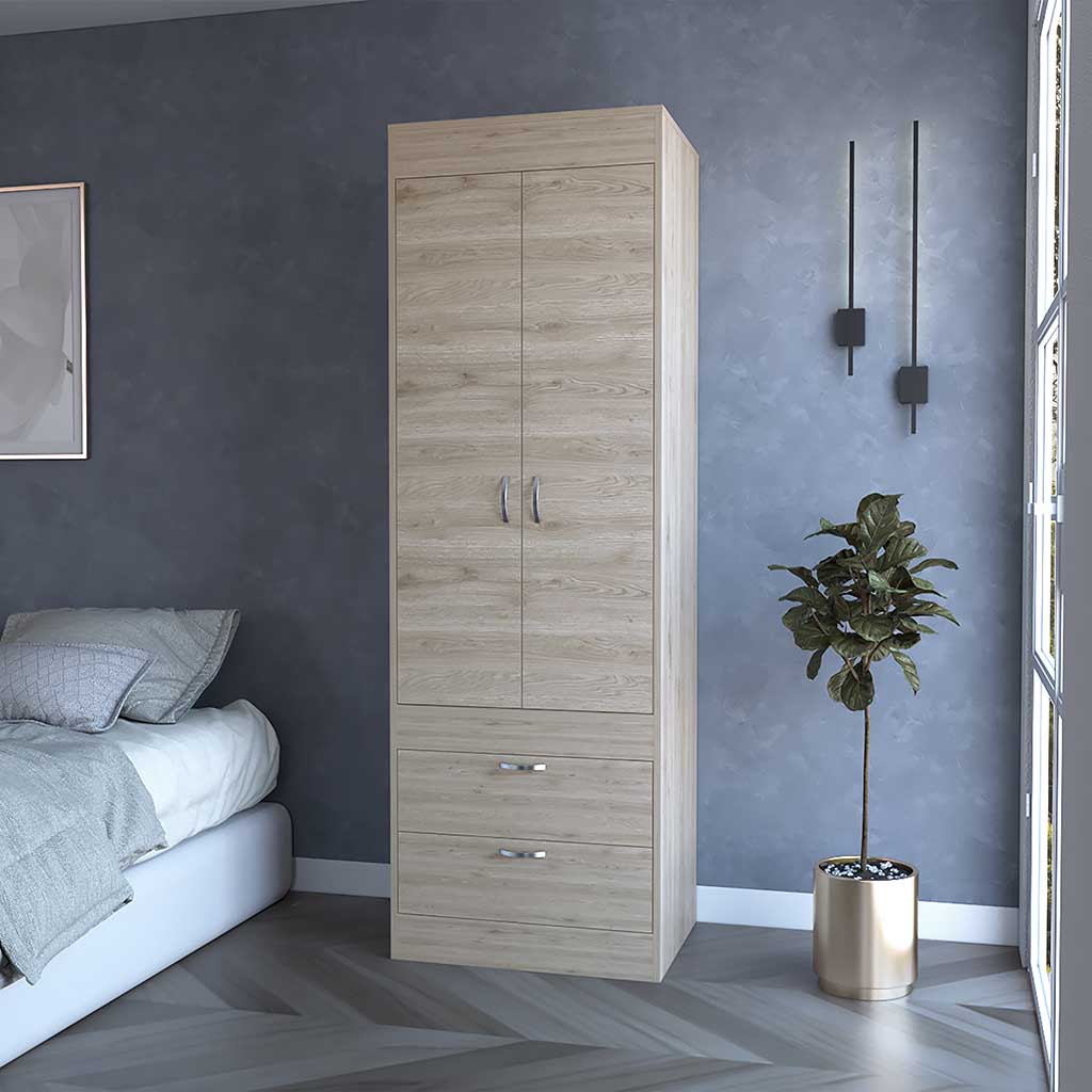 Alabama Armoire, One Large Cabinet, Two Drawers Light Gray Bedroom Contemporary Pine Melamine Engineered Wood