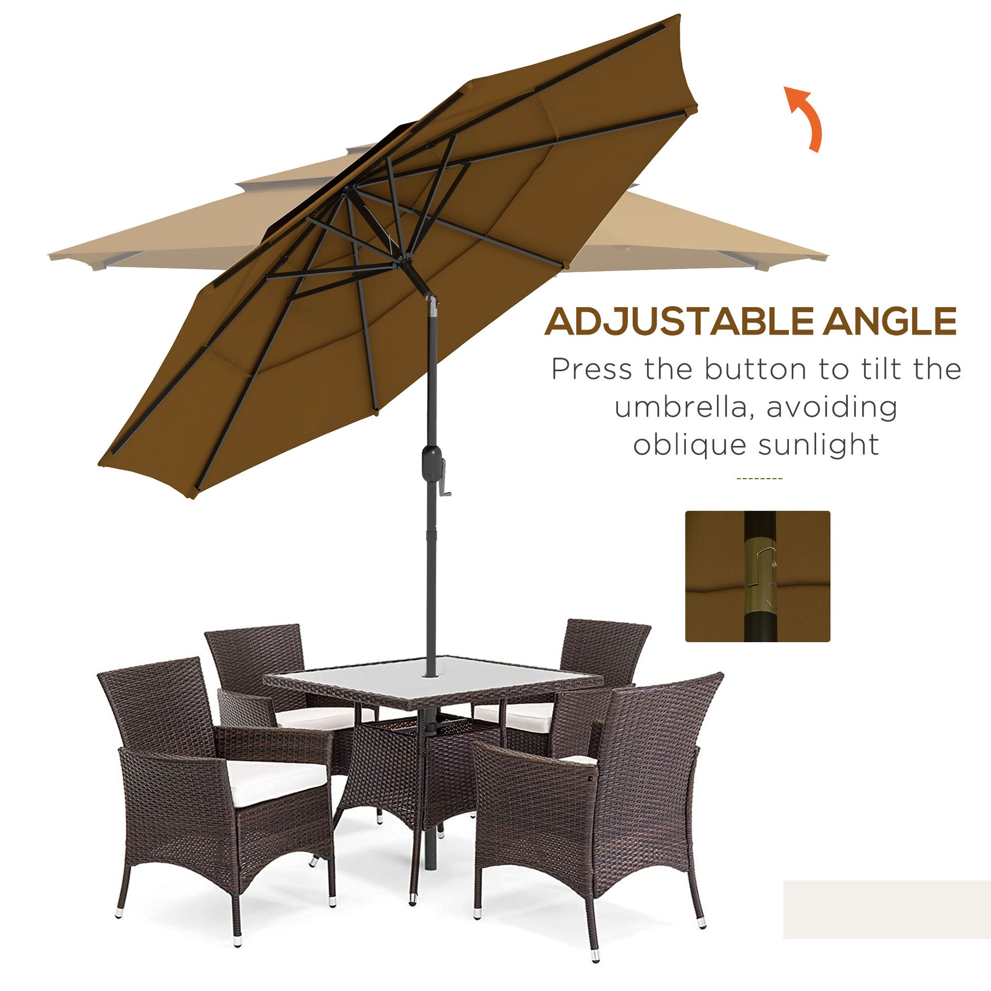Outsunny 9Ft 3 Tiers Patio Umbrella Outdoor Market Umbrella With Crank, Push Button Tilt For Deck, Backyard And Lawn, Tan Tan Polyester