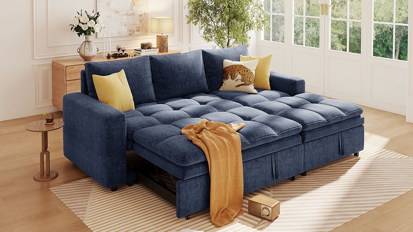 Soft Upholstered Sectional Sofa Bed With Storage Space, Suitable For Living Rooms And Apartments. Blue Wood Polyester 3 Seat