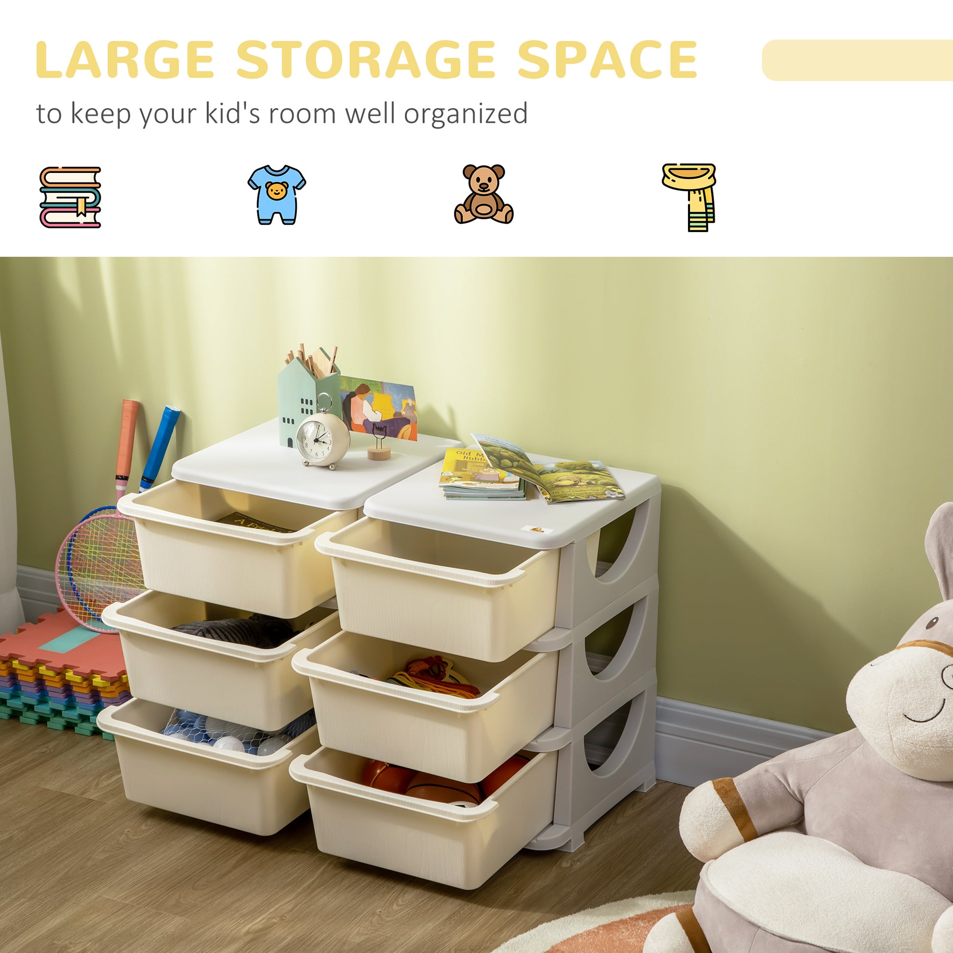 Qaba 3 Tier Kids Storage Unit, 6 Drawer Chest Toy Organizer Plastic Bins For Kids Bedroom Nursery Kindergarten Living Room For Boys Girls Toddlers, Cream Cream White Polypropylene