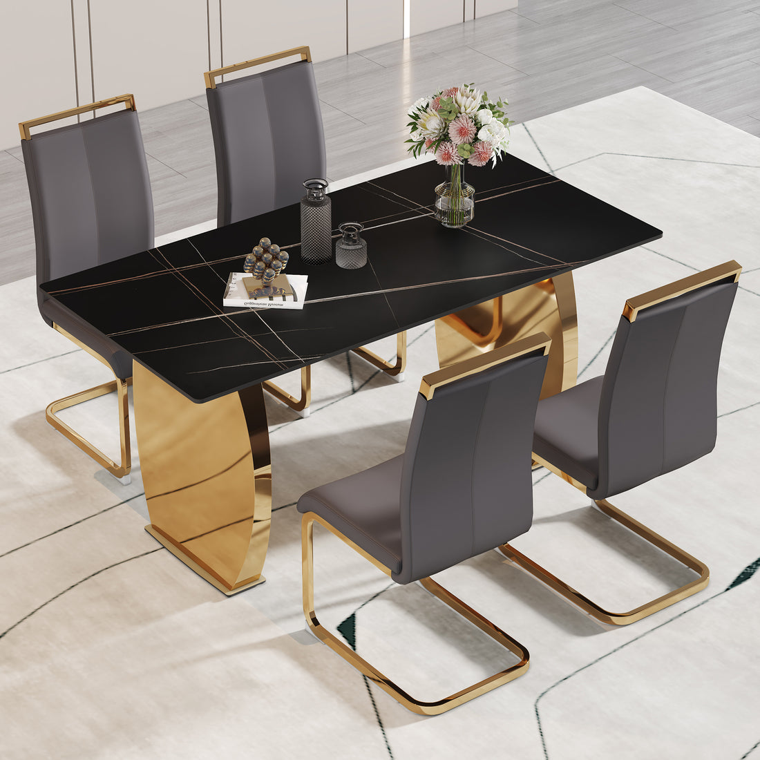Table And Chair Set,Modern Rectangular Table With 0.4 Inch Black Patterned Tabletop And Gold Legs, Suitable For Kitchen, Dining Room, And Living Roomcomfortable Pu Seats,Perfect For Dinner, Meet Grey Black Seats 4 Sintered Stone